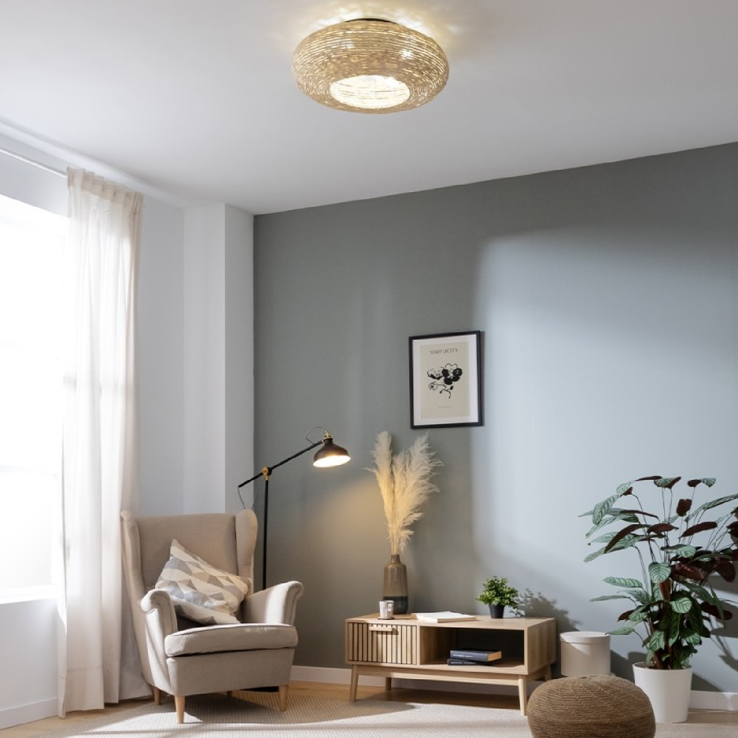 Una sala de estar con una luz de techo, un sillón y plantas. La luz de una ventana ilumina la escena.