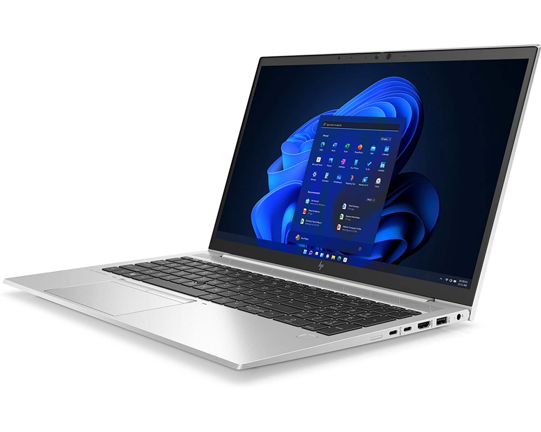 Silver laptop with screen displaying a Windows interface. Open, angled view.