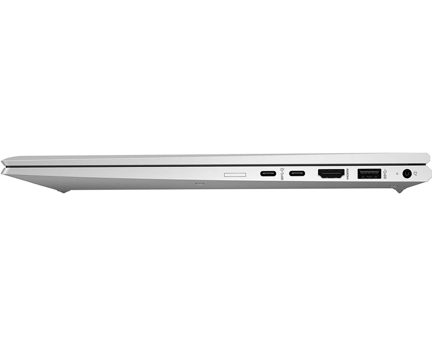 Side view of a silver laptop. Shows ports for USB-C, HDMI and other connections, plus side profile.