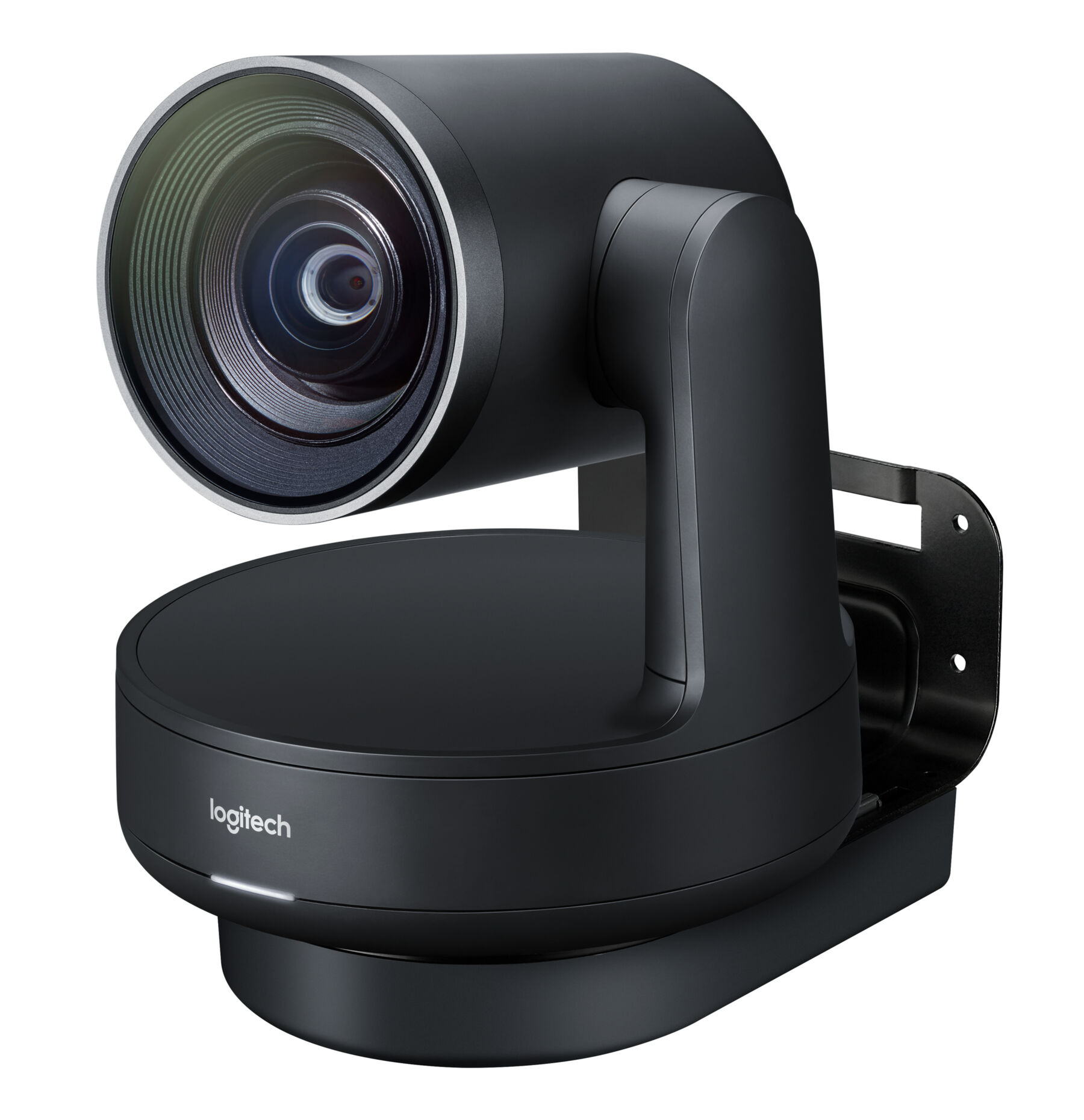 Telecamera di sicurezza nera con un obiettivo grande e un logo Logitech bianco.
