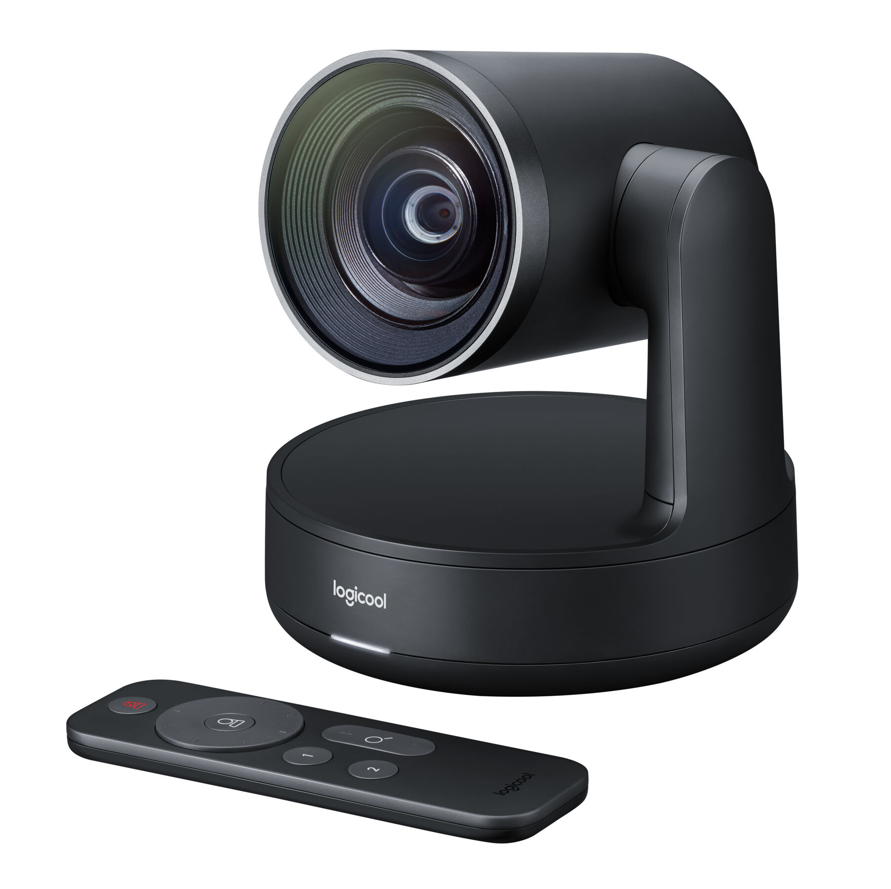 Una webcam nera con telecomando. La webcam ha un obiettivo rotondo e un supporto.