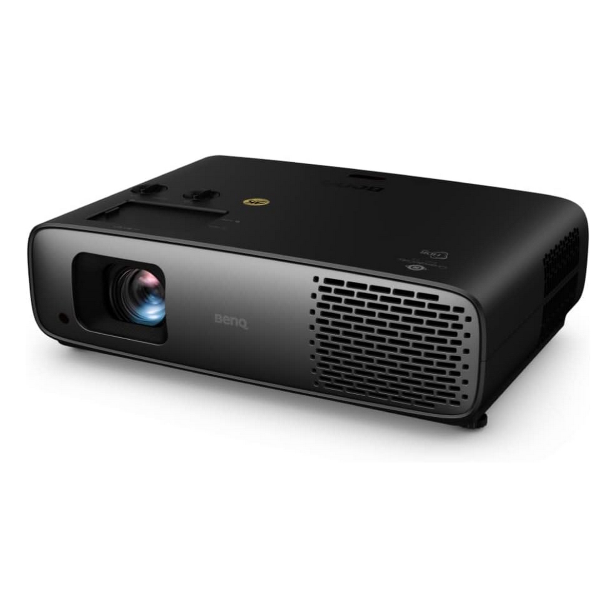 Schwarzer BenQ-Projektor mit Linse, Belüftung und einem grauen Panel.