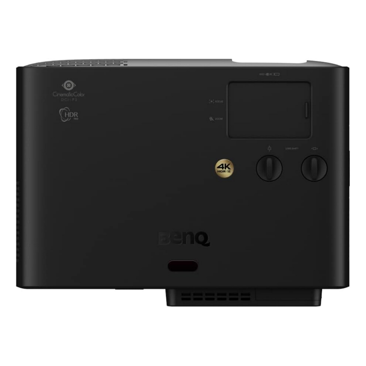 Ein schwarzer Projektor mit Knöpfen und einer Linse. Er hat das BenQ-Logo.