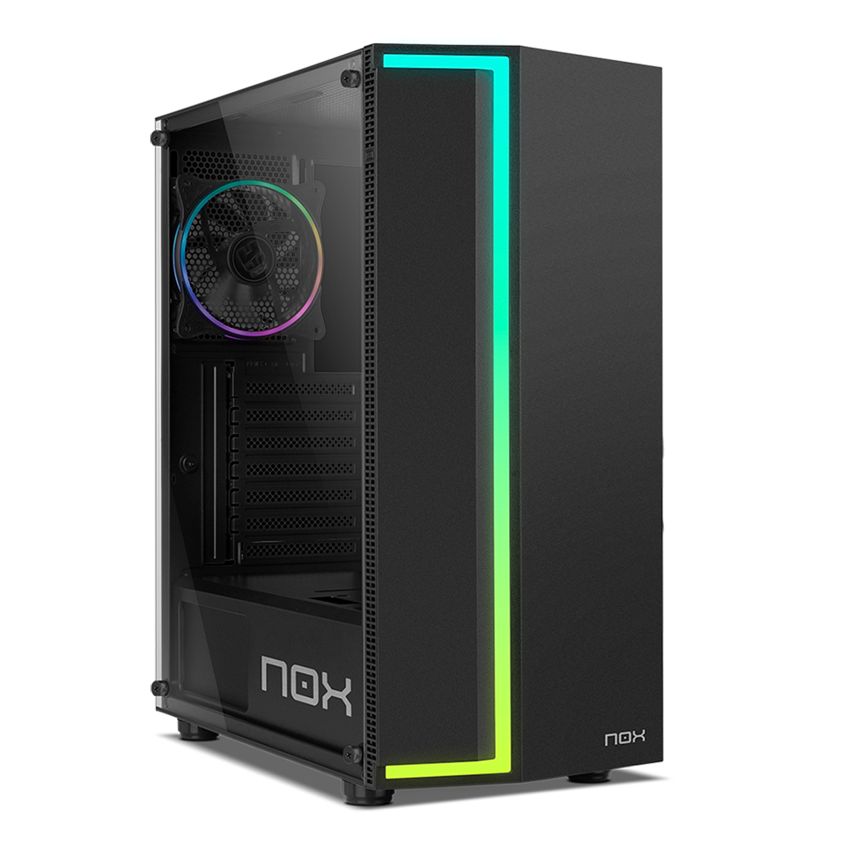 Una caja de ordenador negra con un panel lateral transparente, mostrando componentes internos y luces LED.