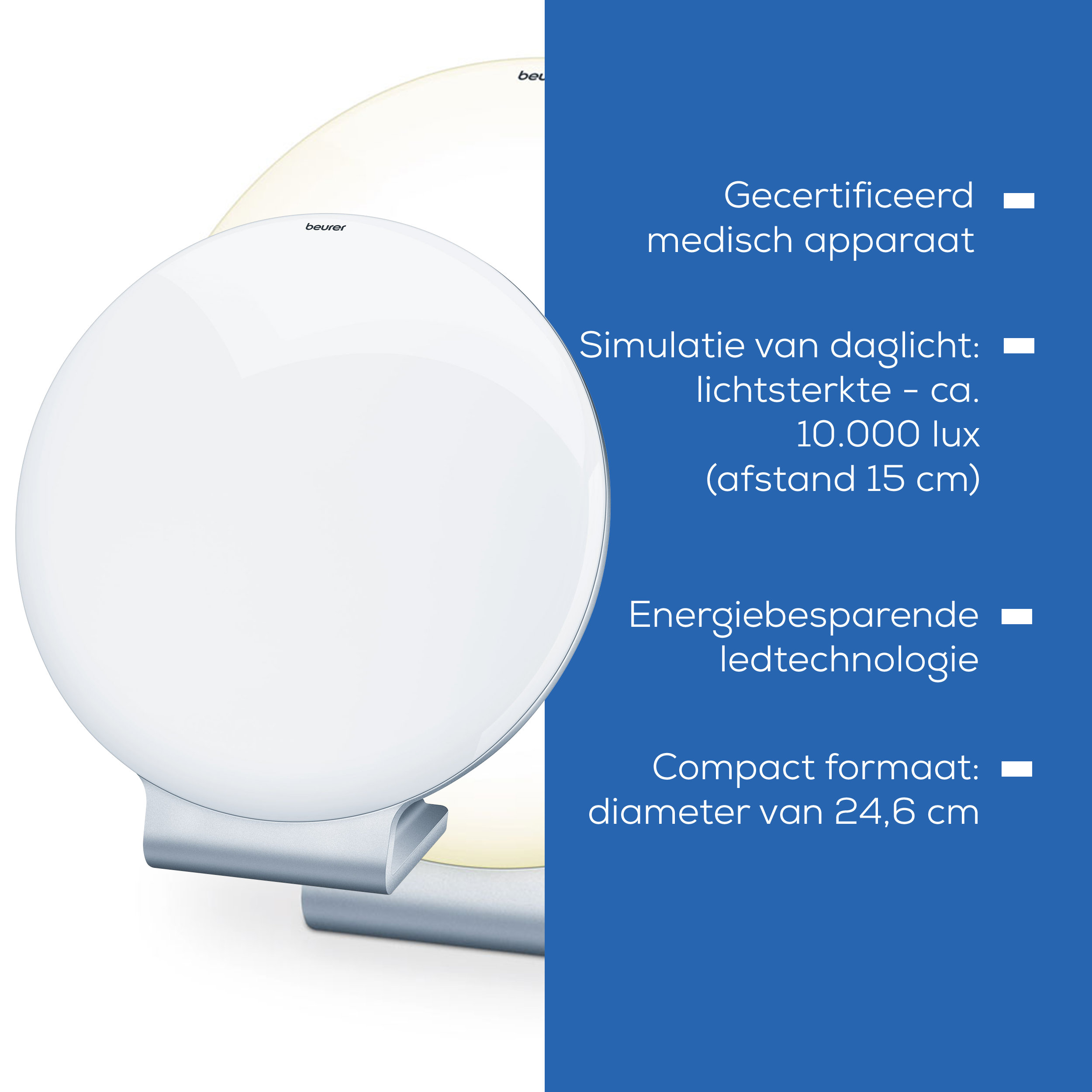 White light therapy device with text overlay. Features a bright, circular light.