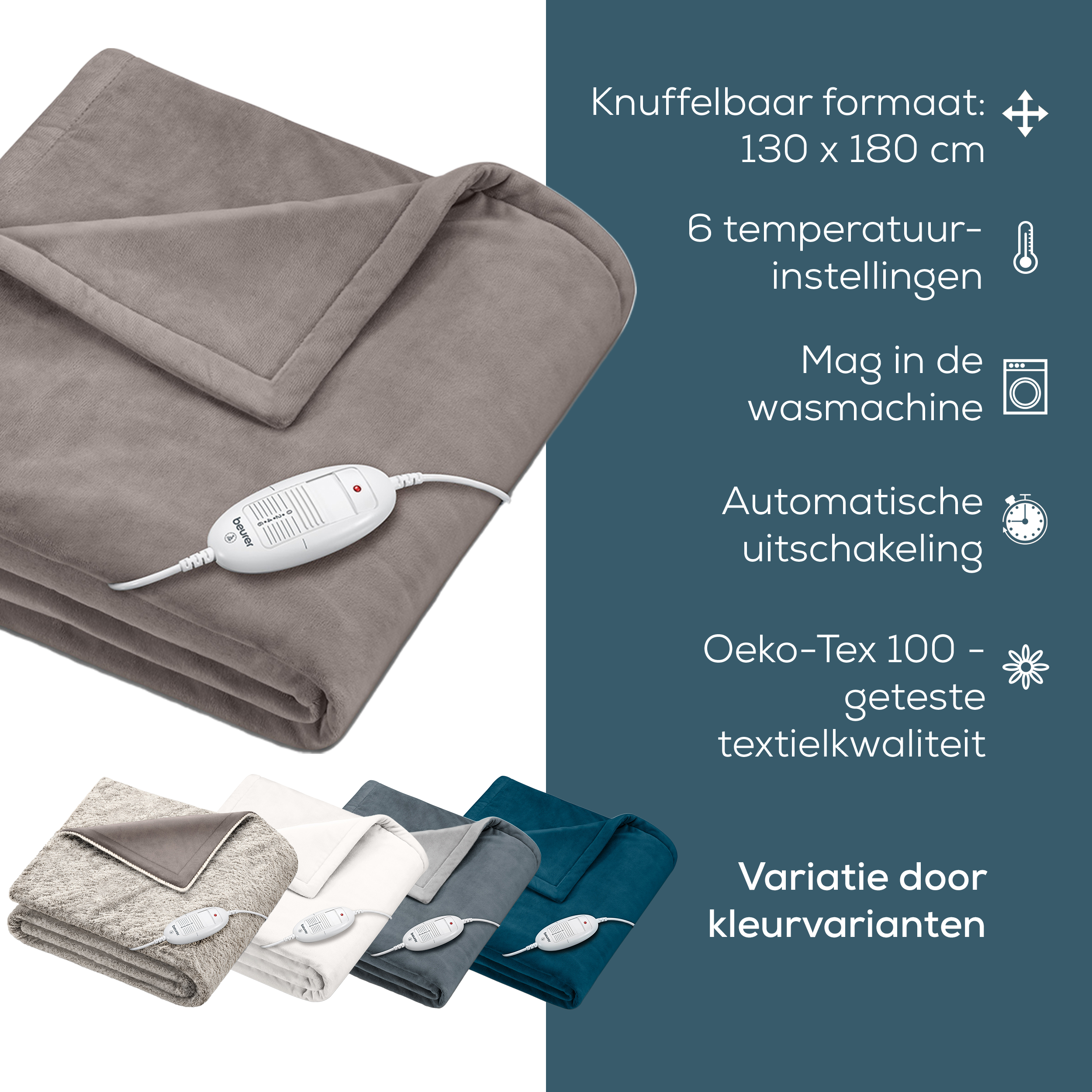A gray blanket with a control unit, and four other blankets, with different colors, for a cozy feeling.