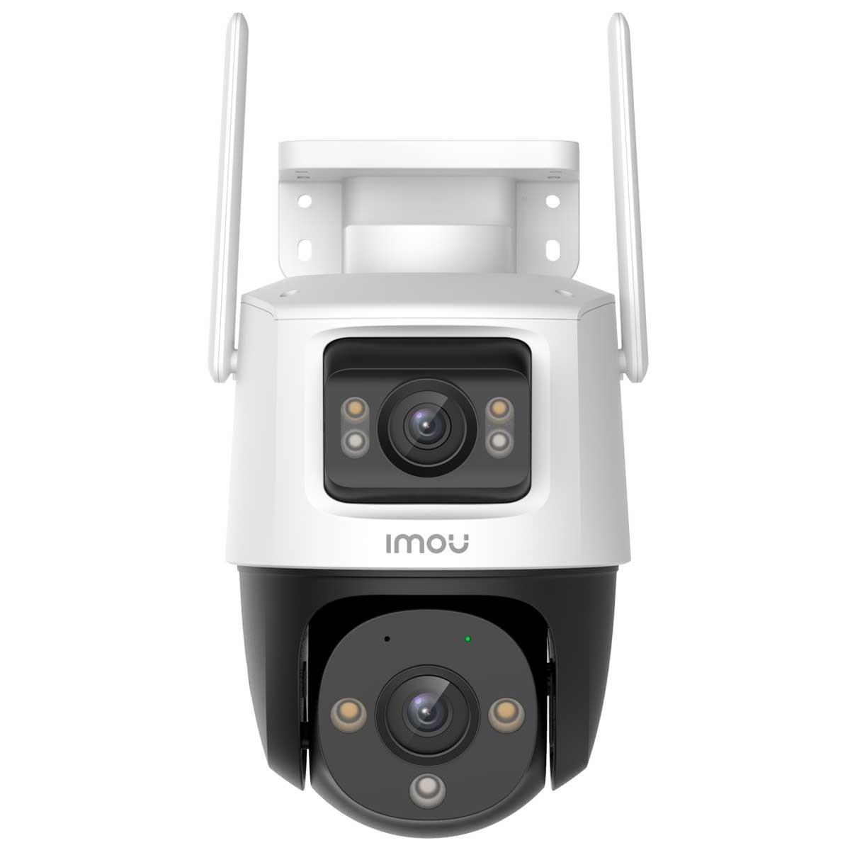 Biało-czarna kamera bezpieczeństwa z dwiema antenami, wycentrowana na białym tle.