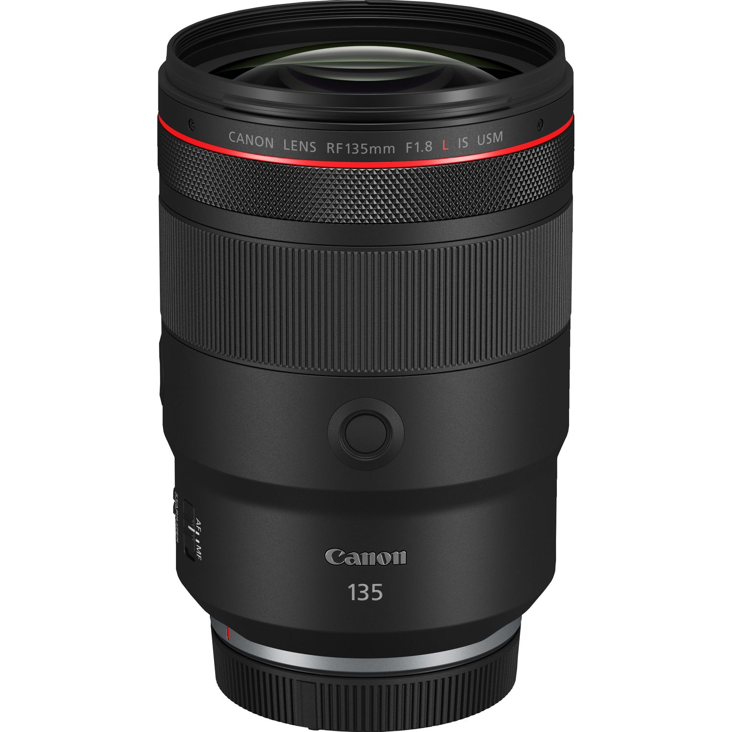 Objetivo Canon RF 135mm F1.8 L IS USM. Negro con anillo rojo.