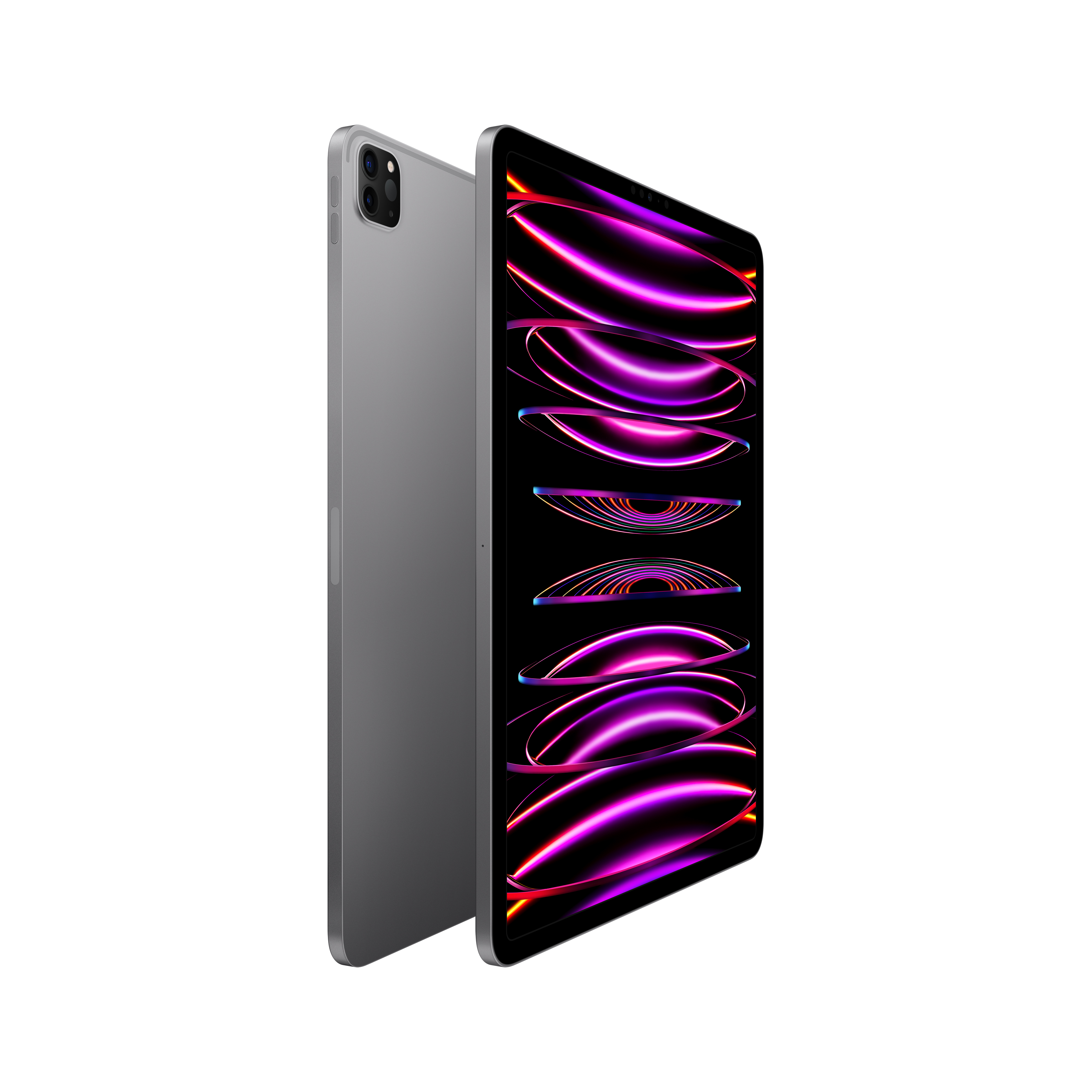 Srebrny tablet z żywym, kolorowym ekranem.