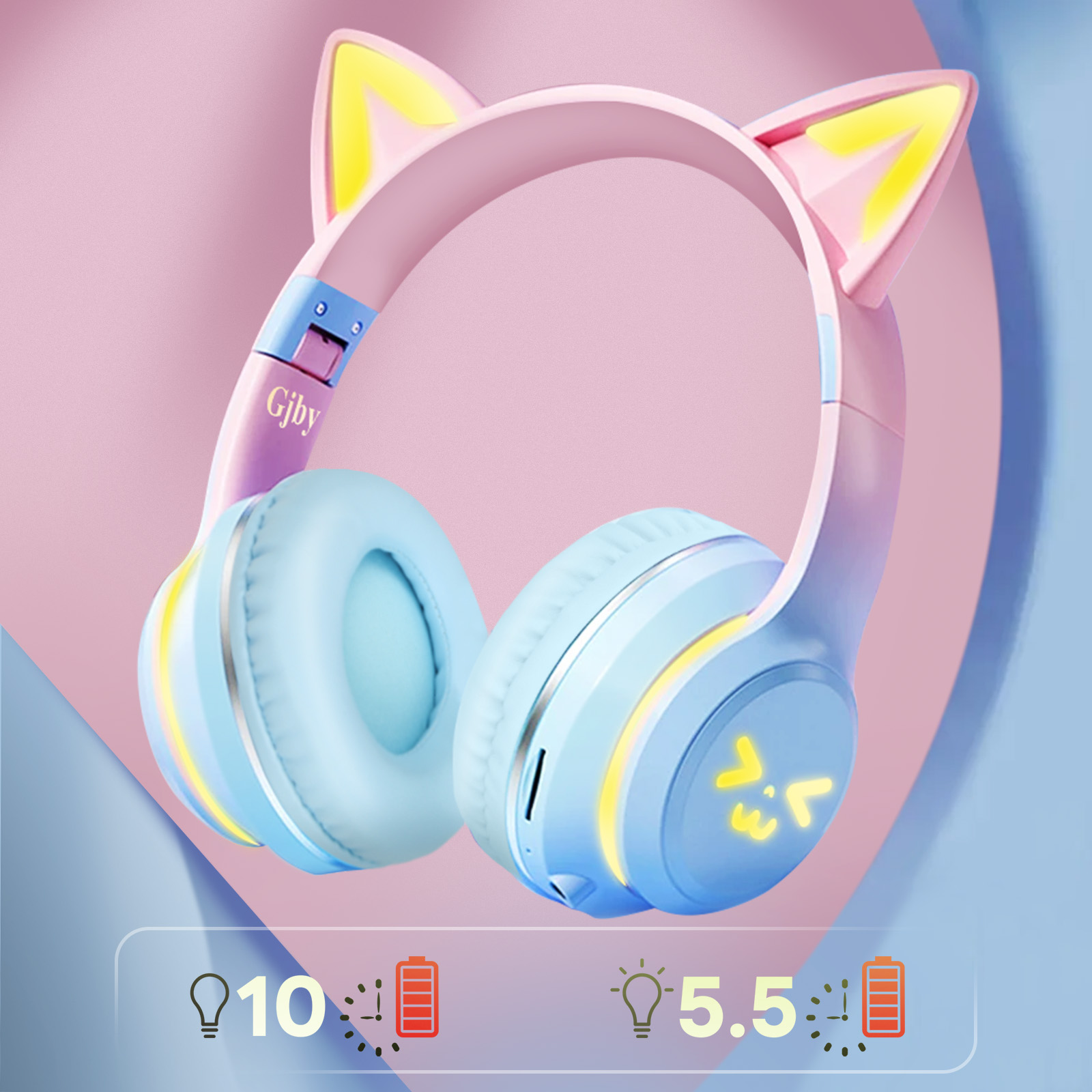 Blaue Katzenohr-Kopfhörer mit Lichtdetails und Akkuanzeige.