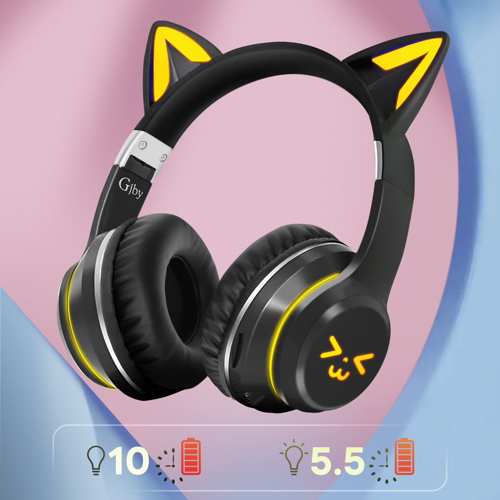 Casque sans fil noir avec design d'oreilles de chat, avec indicateurs de batterie.