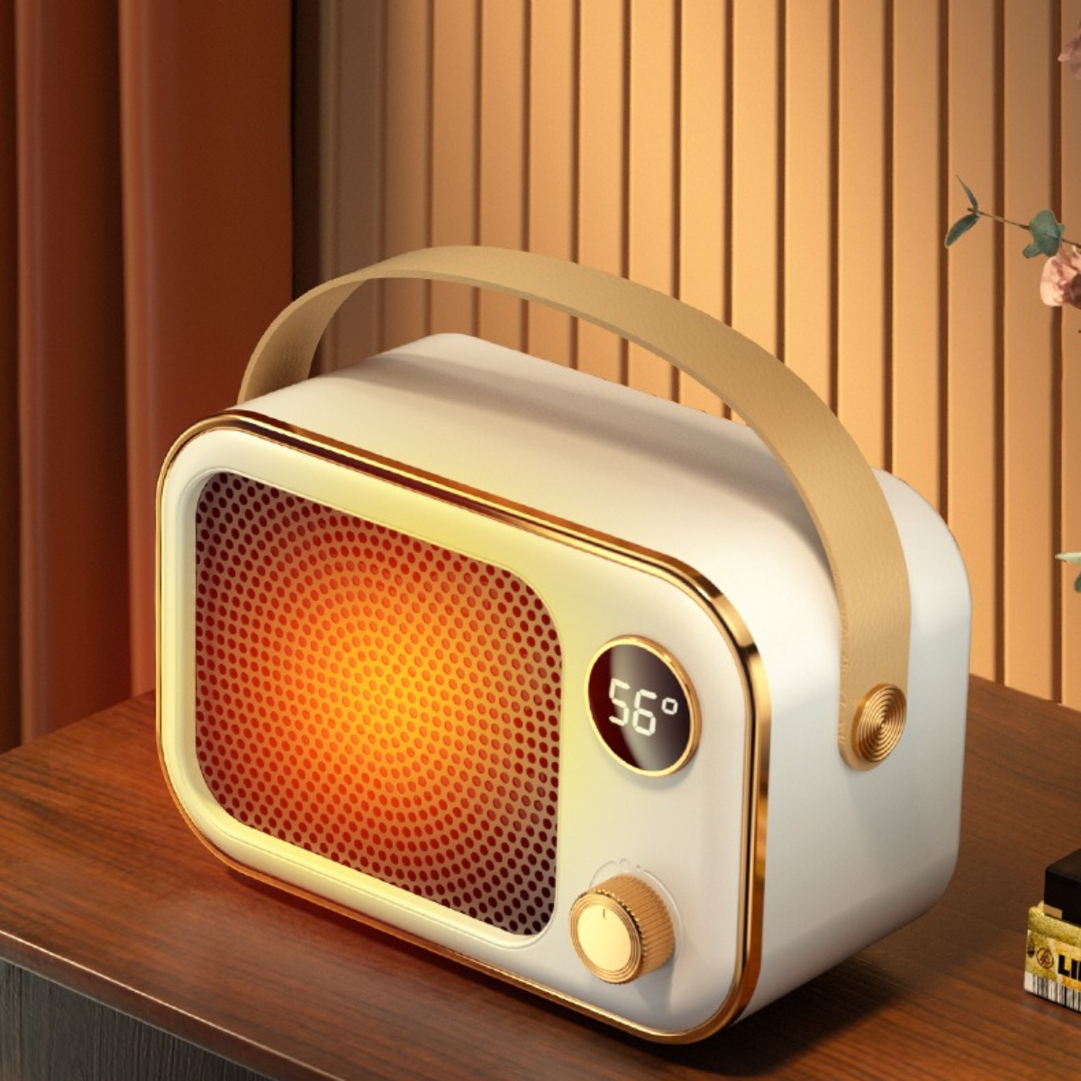 Weiß-goldener tragbarer Heizlüfter mit Griff, Display und Knopf.