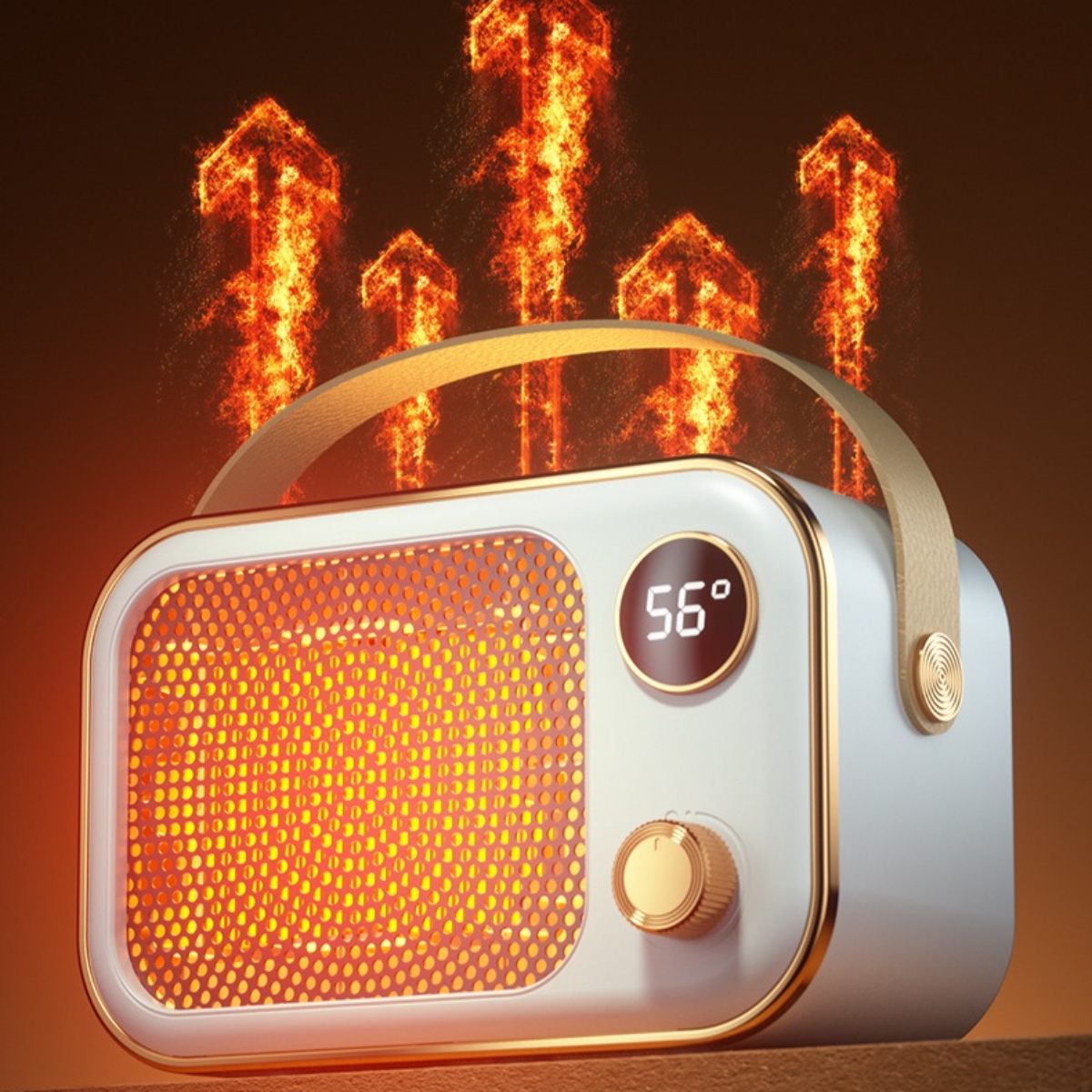 Eine weiß-goldene Heizung mit digitaler Anzeige, die 56 Grad anzeigt. Feuerartige Effekte sind oben.