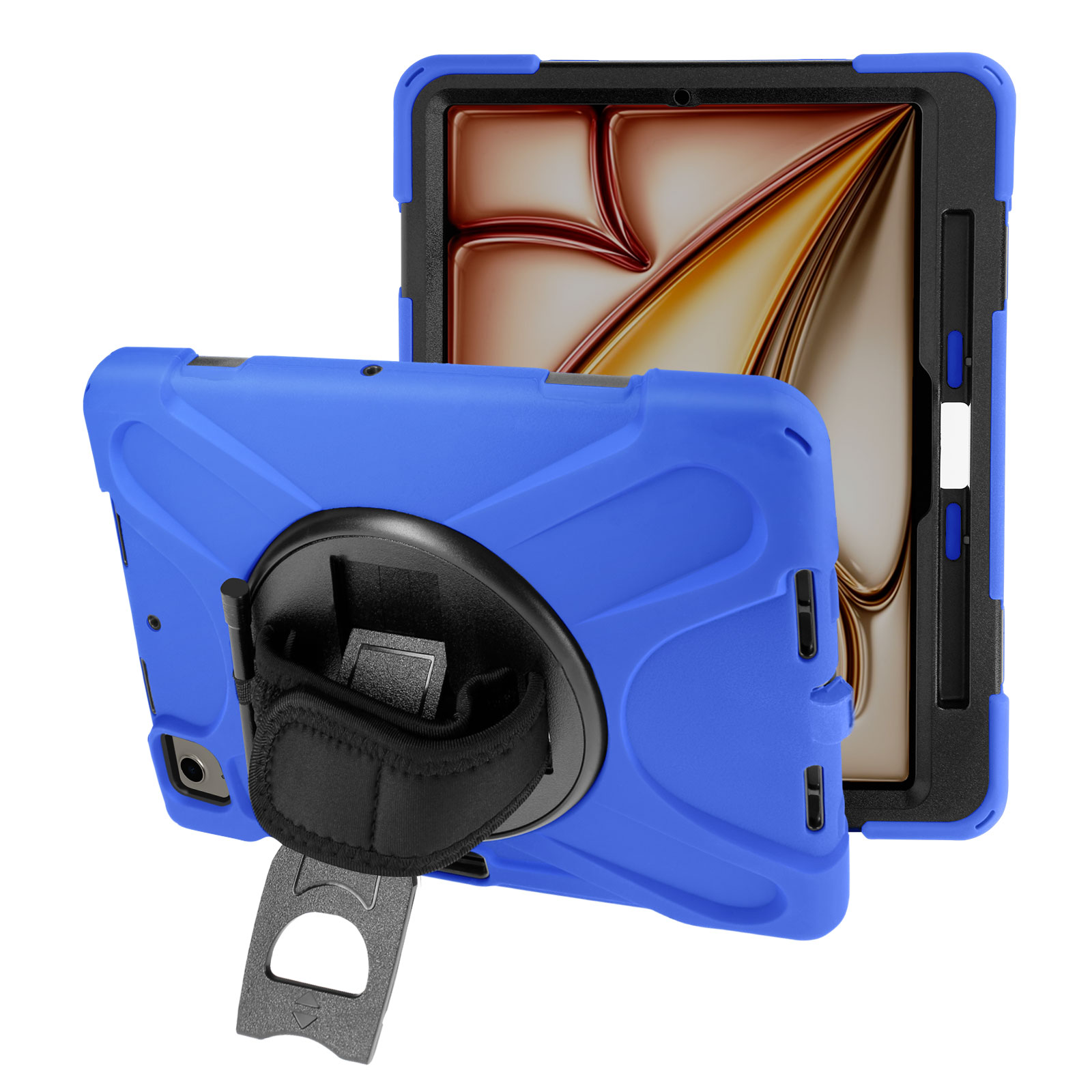 Eine blaue Tablethülle mit Griff und einem Tablet darin. Es ist auf weißem Hintergrund.