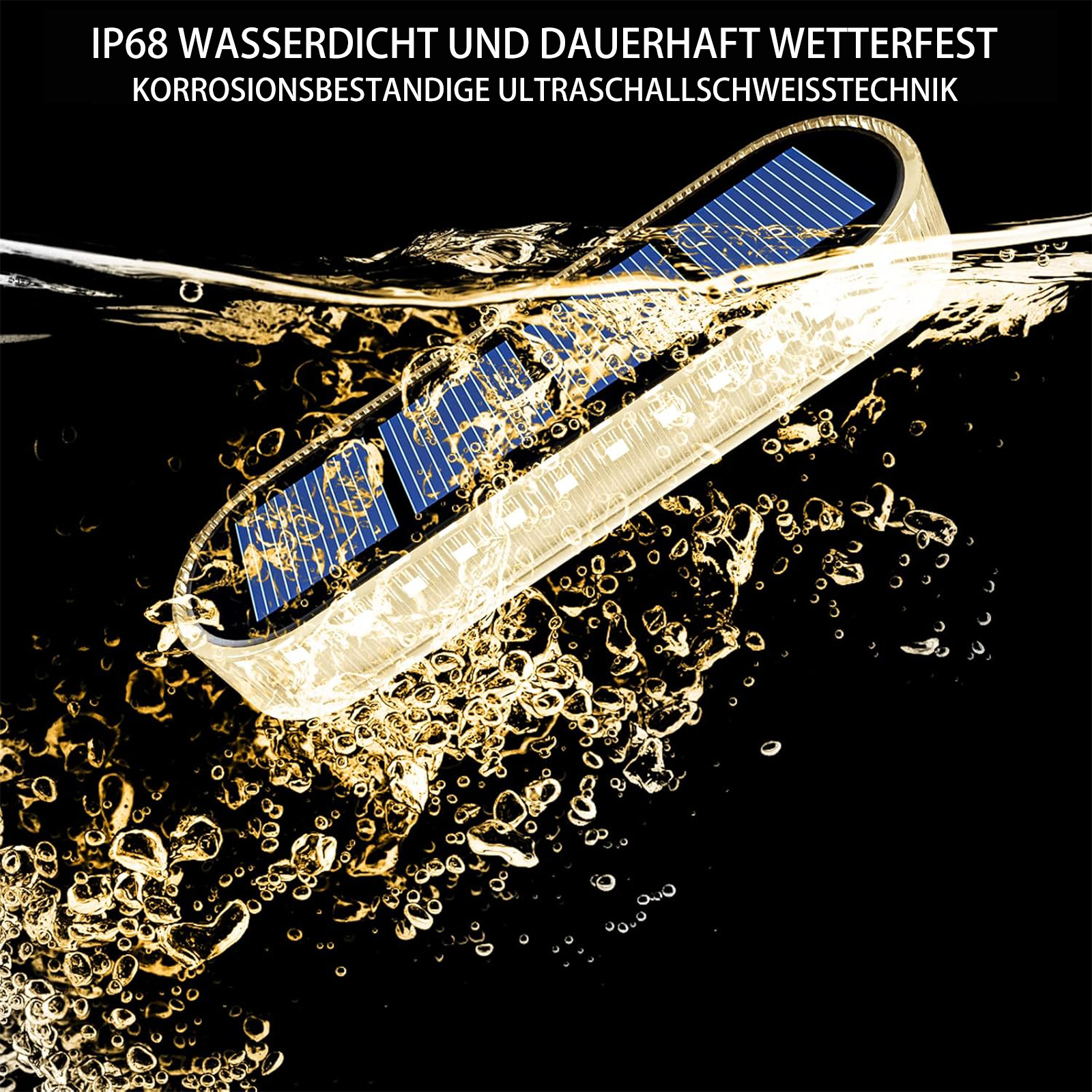 Solarbetriebenes Licht im Wasser. Blasen und dunkler Hintergrund. Text: IP68 wasserdicht.