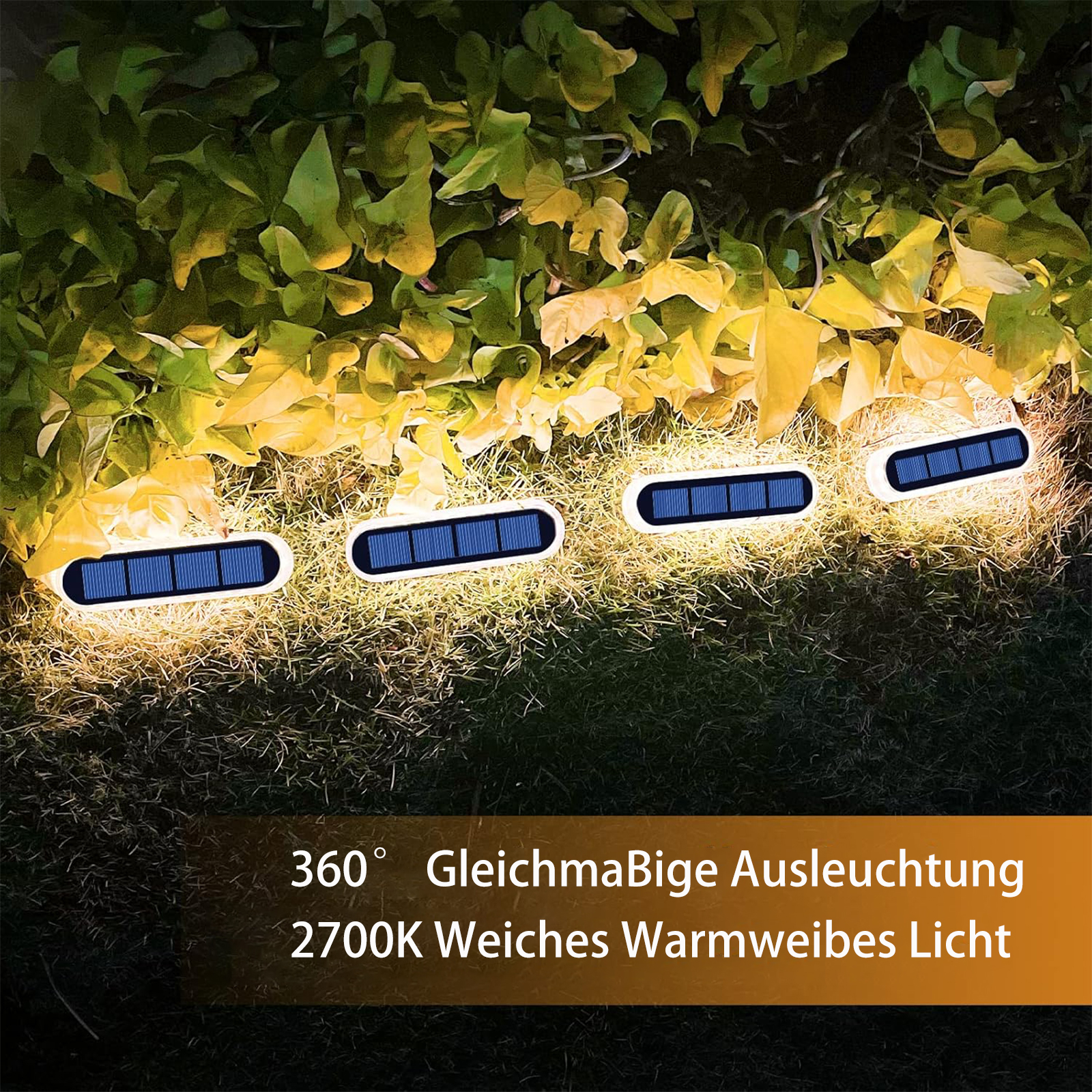 Vier solarbetriebene Lichter auf einer Rasenfläche, mit dem Text '360° GleichmaBige Ausleuchtung 2700K Weiches Warmweibes Licht'.