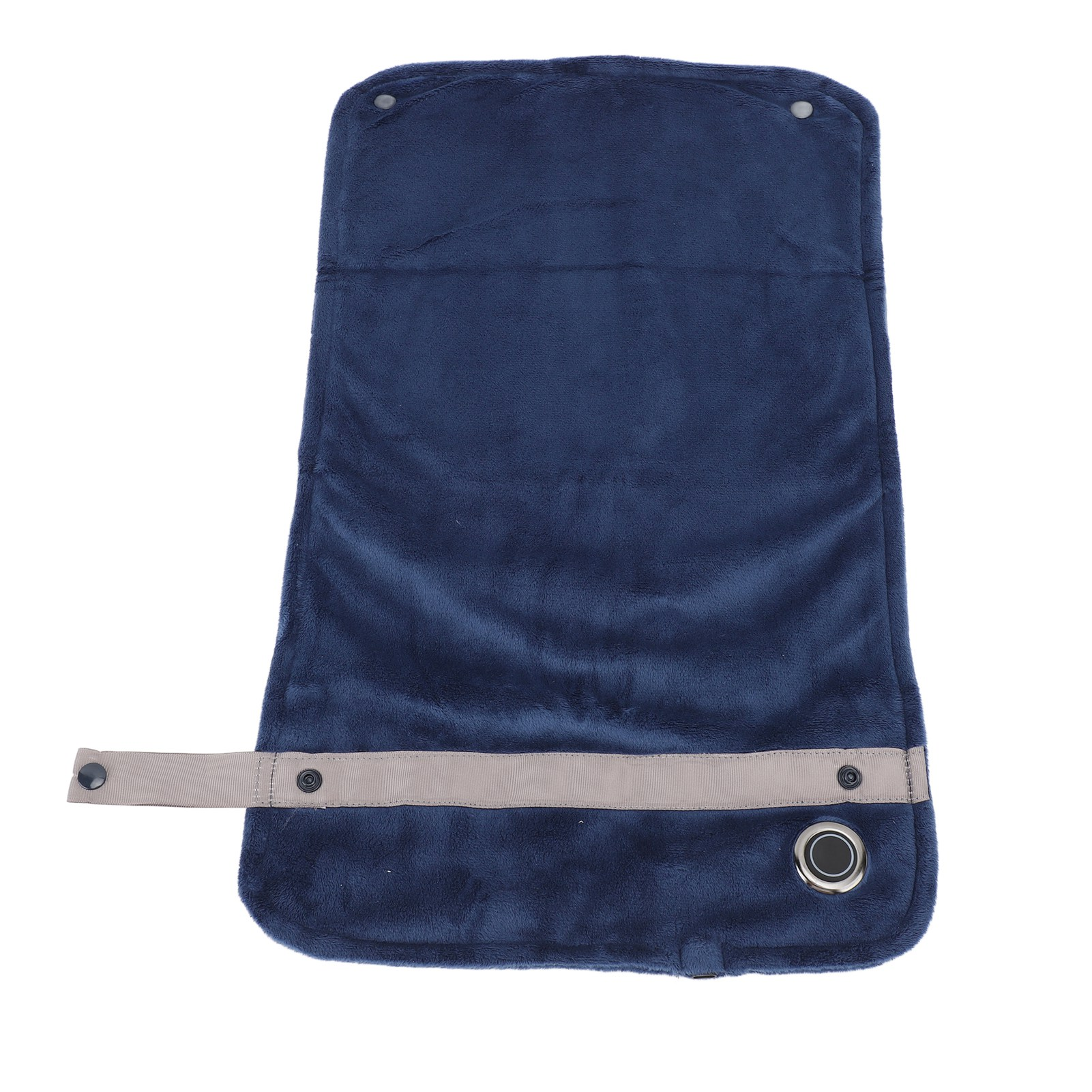 Blaue Fleece-Decke mit grauem Riemen und metallischer Öse.