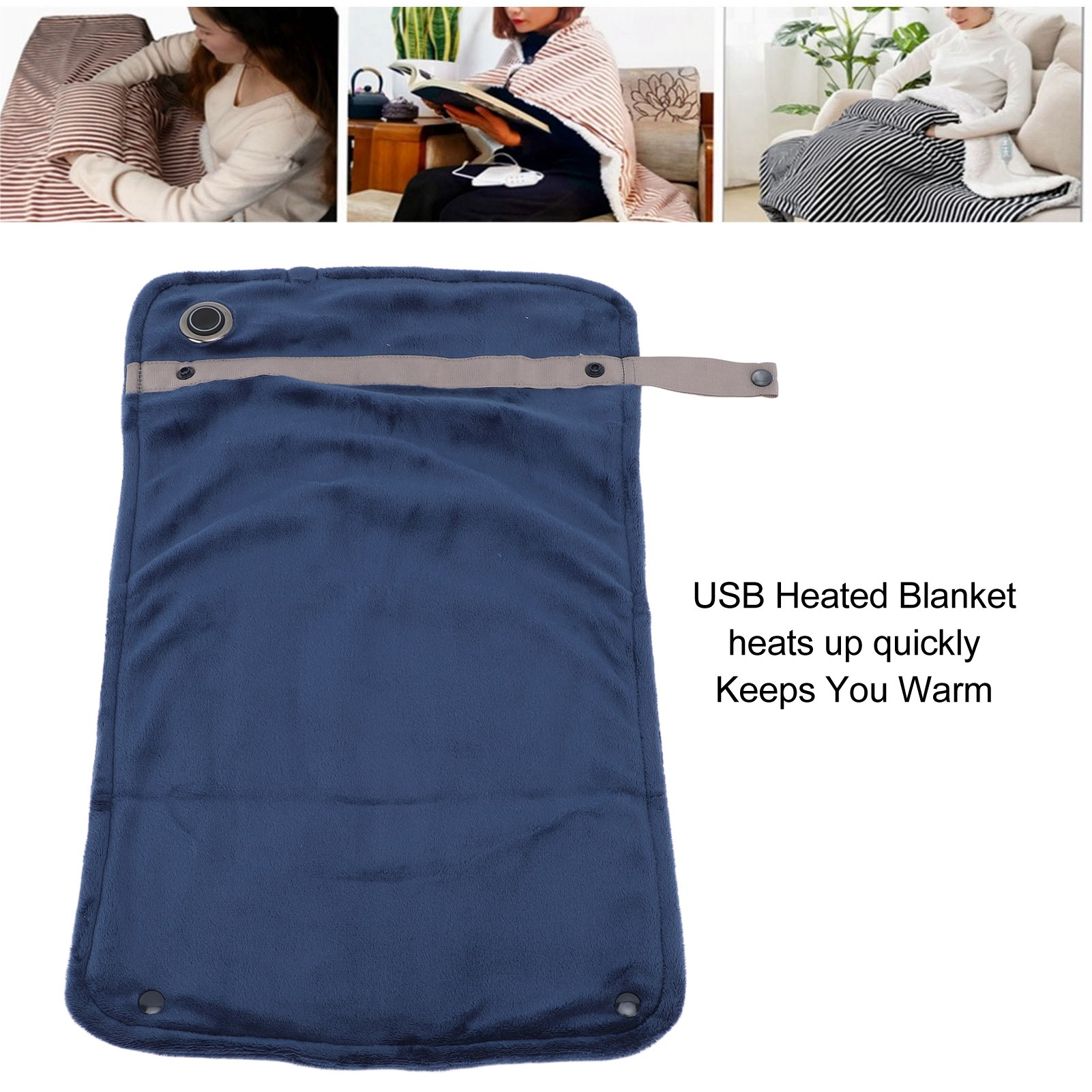 Blaue Heizdecke mit drei Bildern von Personen, die sie benutzen, und Text: USB-Heizdecke.