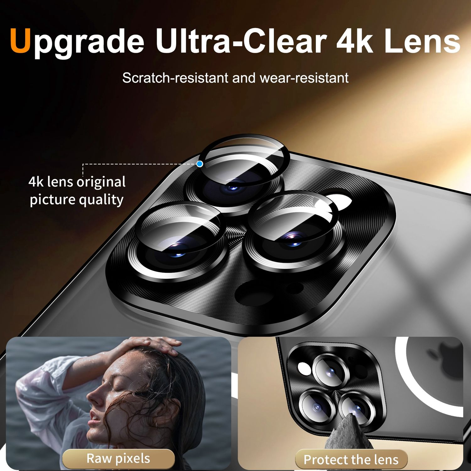 Un teléfono con un protector de lente, que muestra un primer plano de las lentes y el texto 'Upgrade Ultra-Clear'.