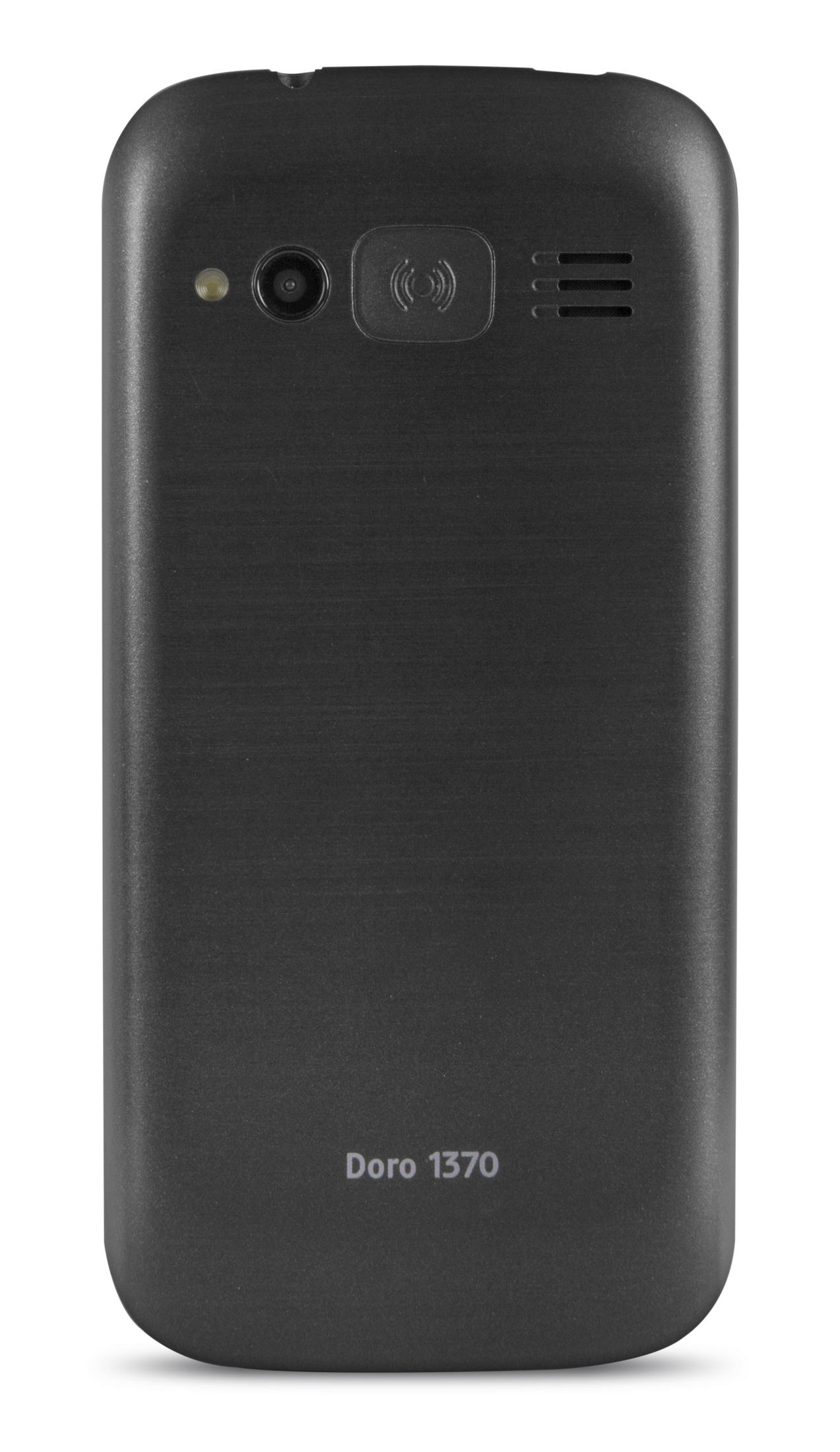 Tył czarnego telefonu komórkowego Doro 1370, z aparatem i głośnikiem.