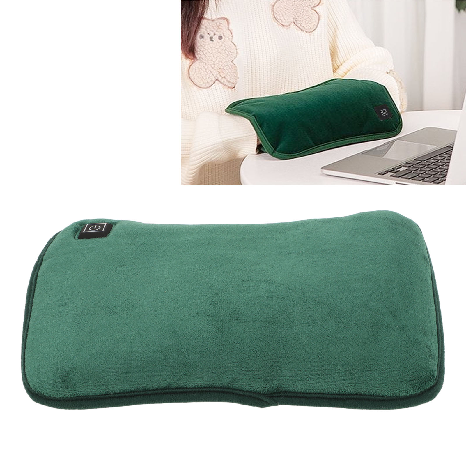 Ein grünes Heizkissen auf einem Tisch und im Schoß einer Person, mit einem Laptop.