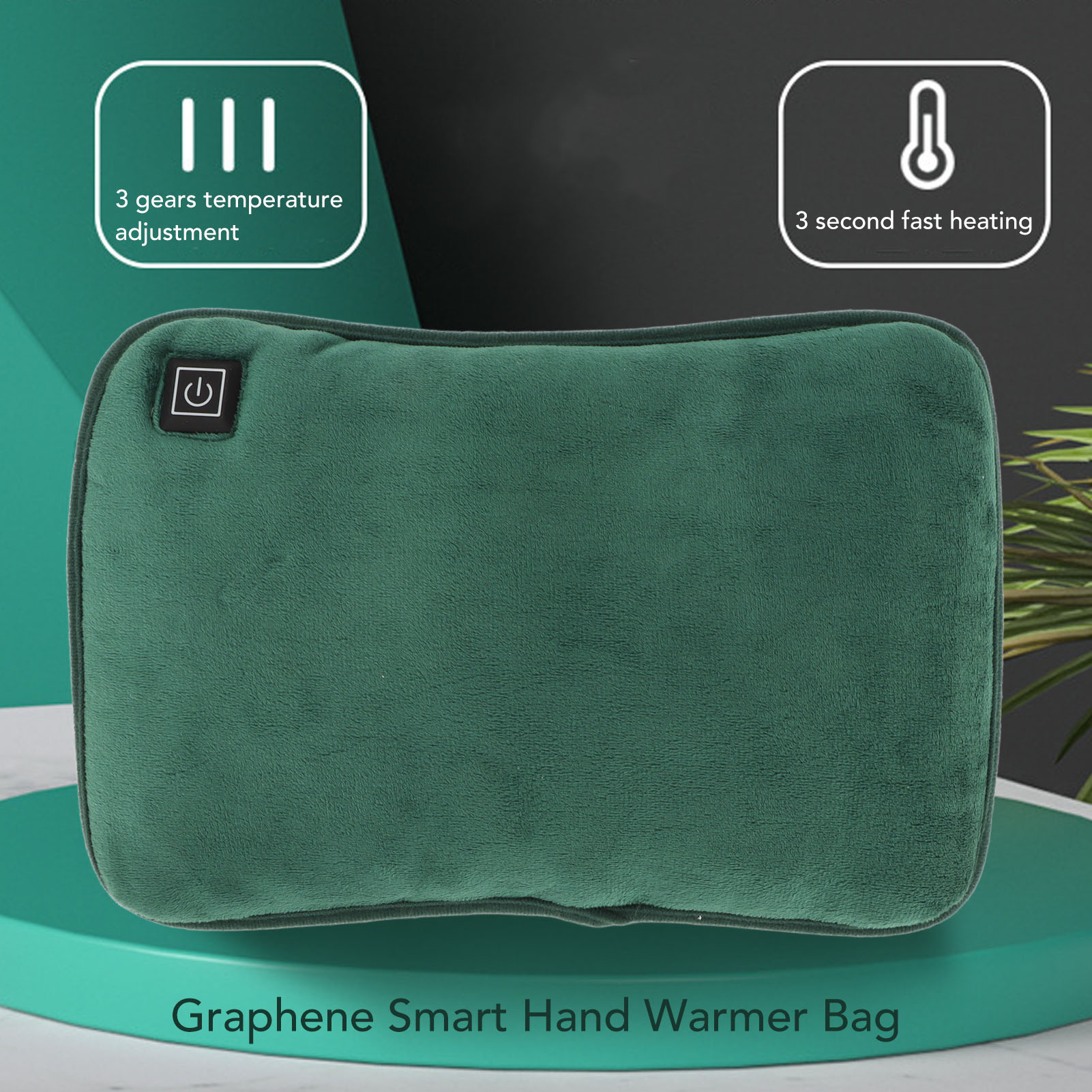 Grüne Handwärmertasche auf einer Plattform. Symbole zeigen Temperatureinstellung und schnelles Heizen.