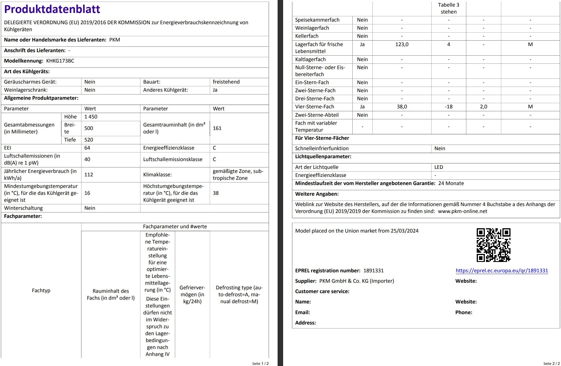 Detailliertes Produktdatenblatt mit Tabellen und Text. Enthält Informationen über einen Kühlschrank.