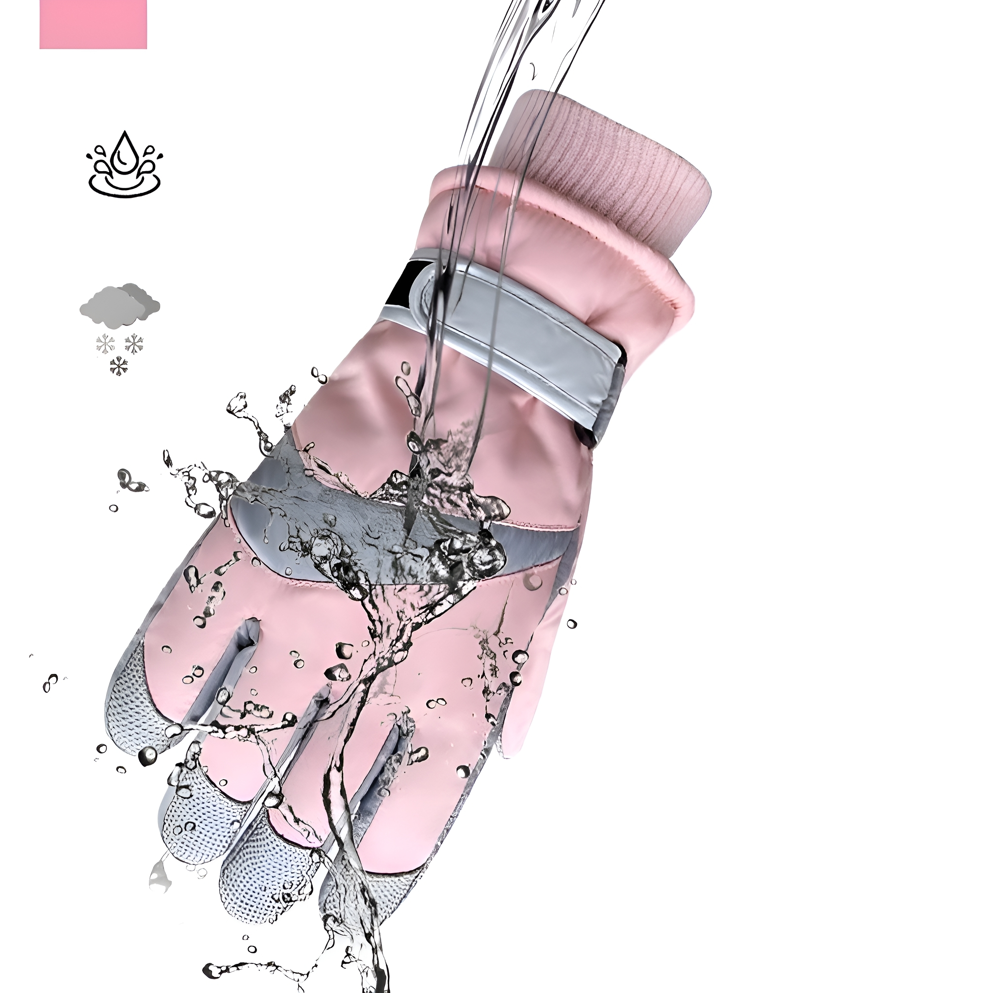 Rosa wasserdichte Handschuhe mit Wasserspritzern. Ein Wassertropfen-Symbol ist sichtbar.