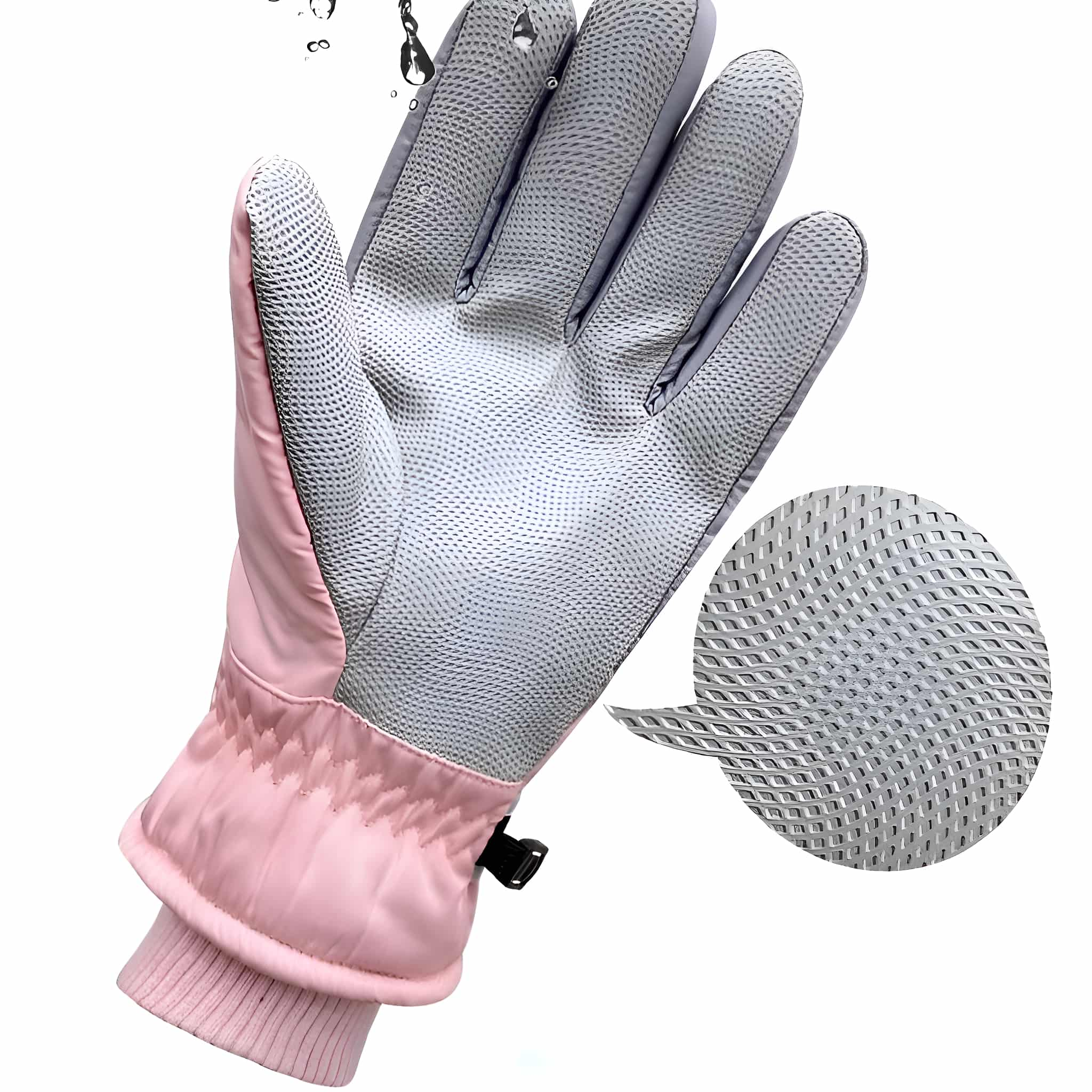 Rosa und graue Winterhandschuhe. Der graue Teil hat eine strukturierte Oberfläche. Schwarze Schnalle.