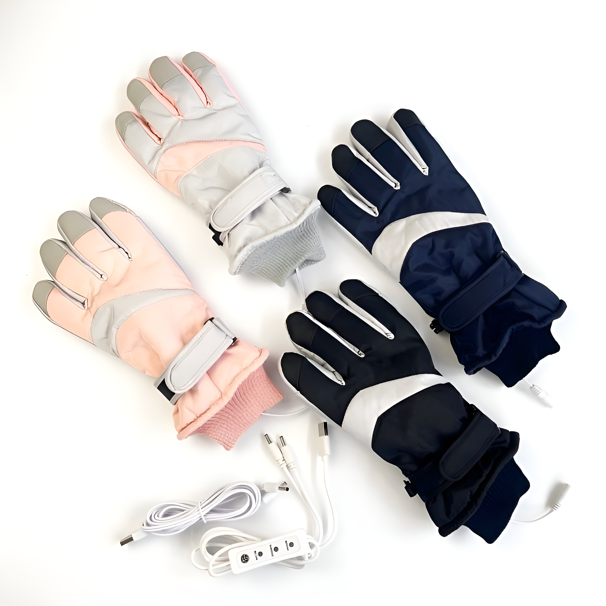Vier Paar beheizte Handschuhe in verschiedenen Farben. Weißer Hintergrund.