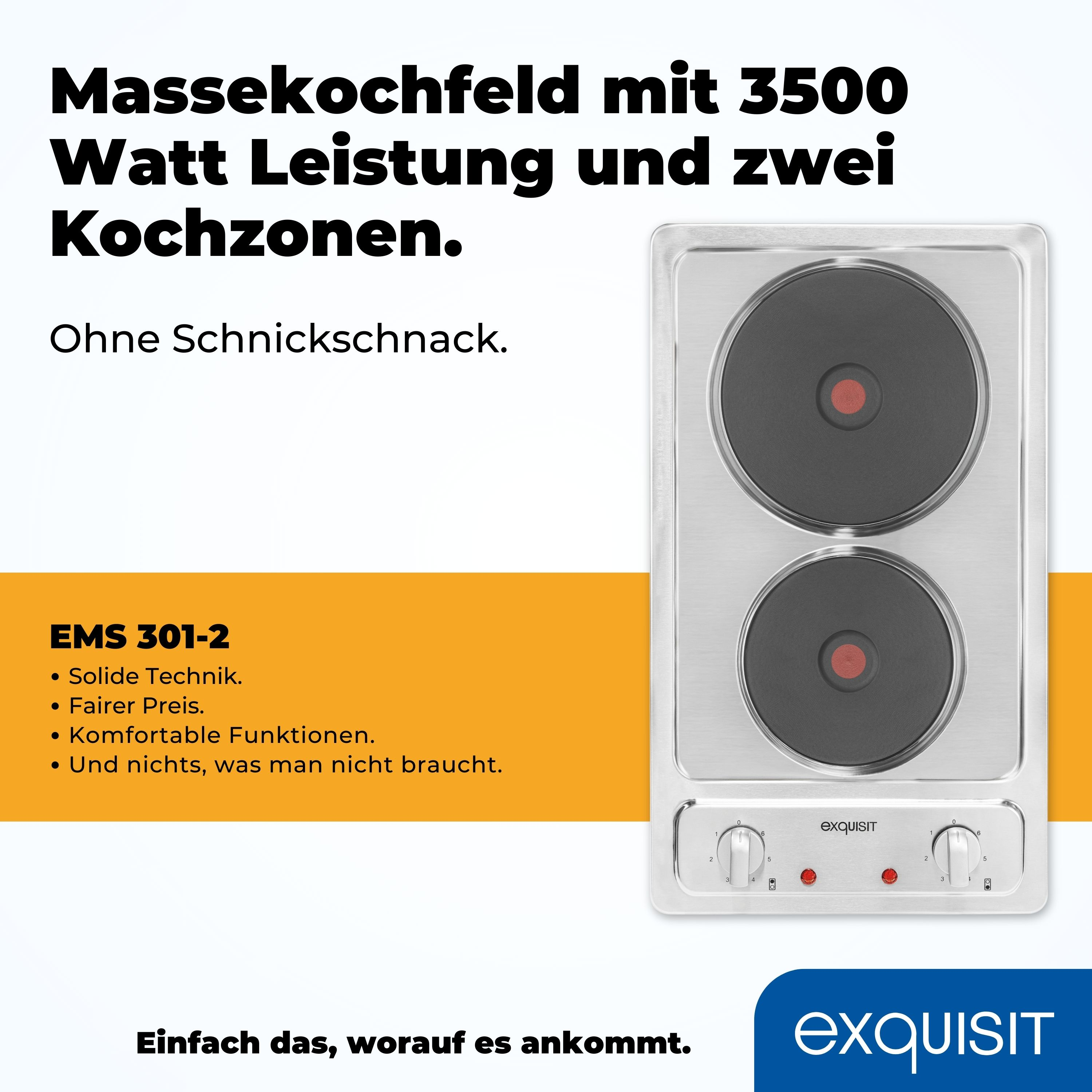Ein elektrisches Kochfeld mit zwei Kochfeldern, silberner Oberfläche und schwarzen Kochfeldern.