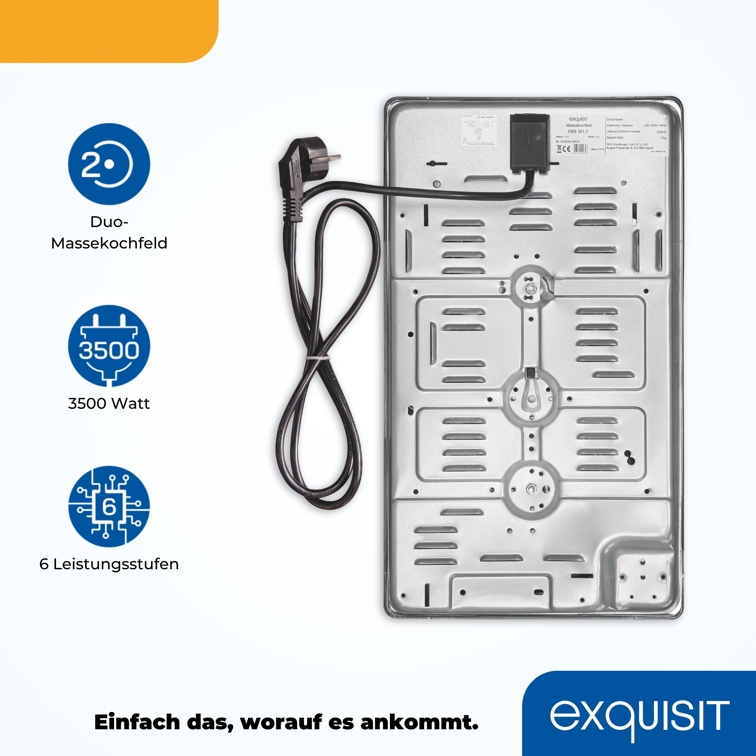Rückseite eines Induktionskochfeldes mit Netzkabel und Beschriftungen für Funktionen.