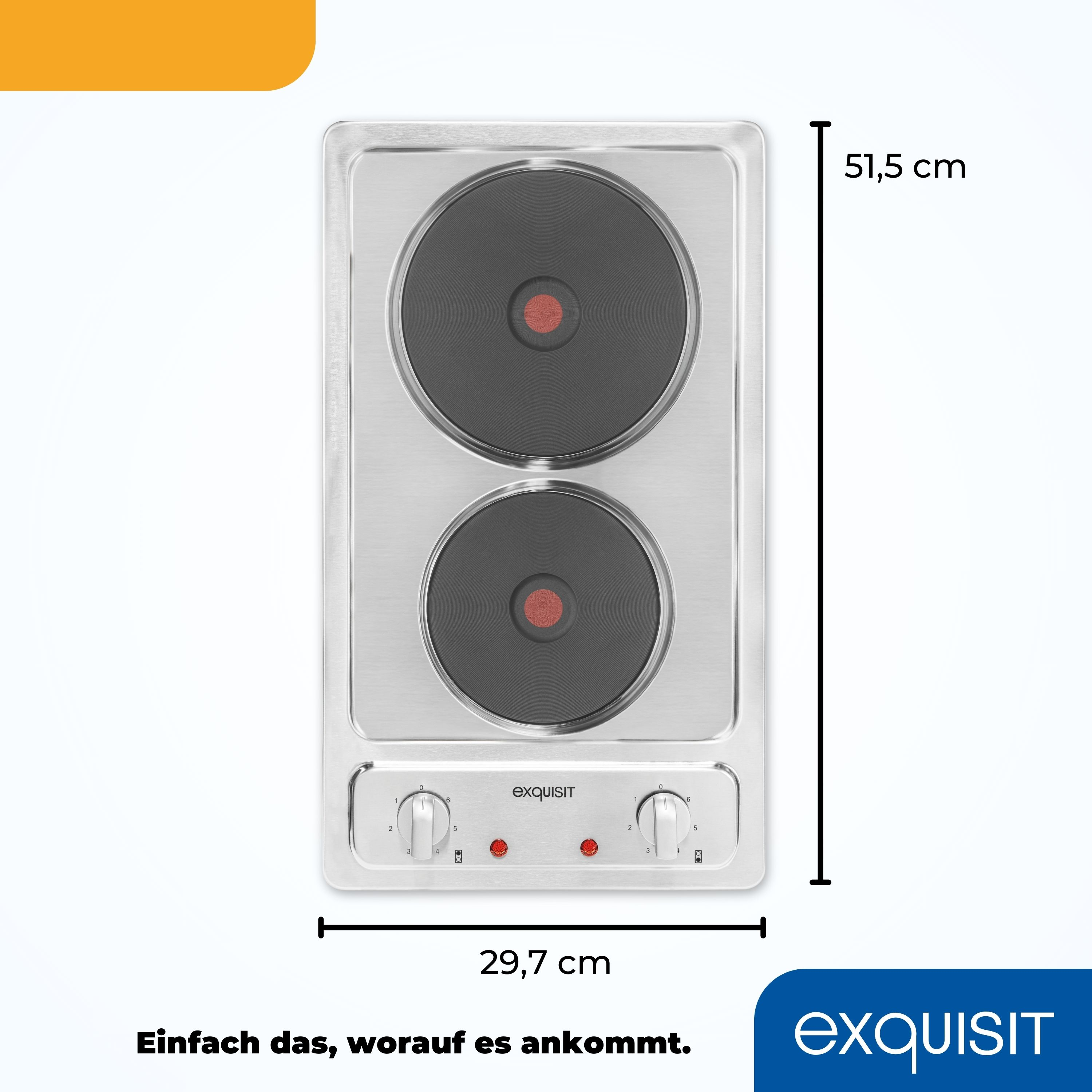 Ein schwarzes Elektrokochfeld mit zwei Kochfeldern, Abmessungen und Text auf weißer Oberfläche.