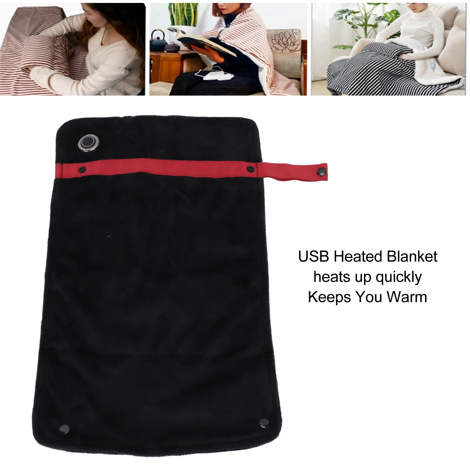 Schwarze USB-Heizdecke mit rotem Gurt und Personen, die sie benutzen.
