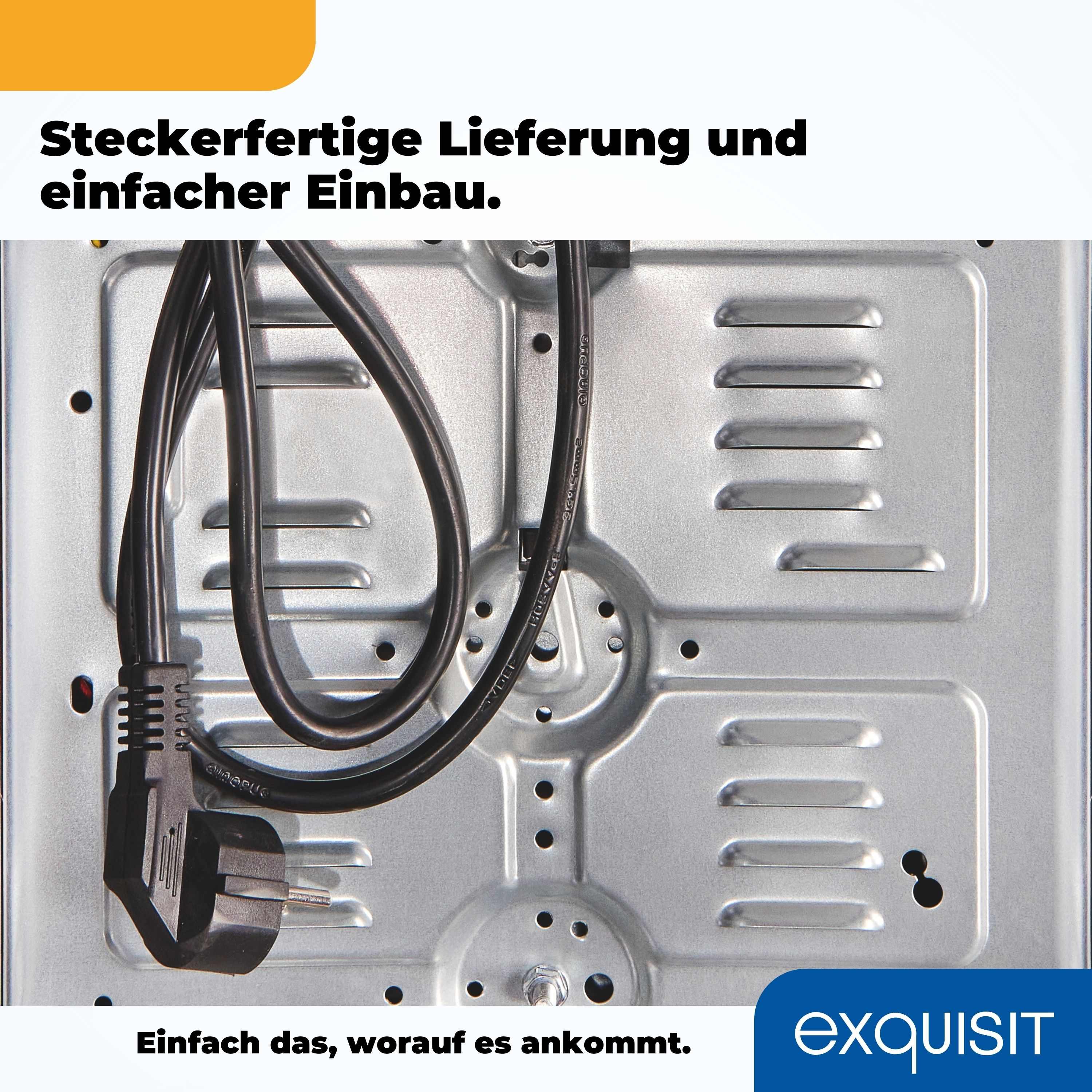 Nahaufnahme der Rückseite eines Metallgeräts mit Stromkabel und Text auf Deutsch.