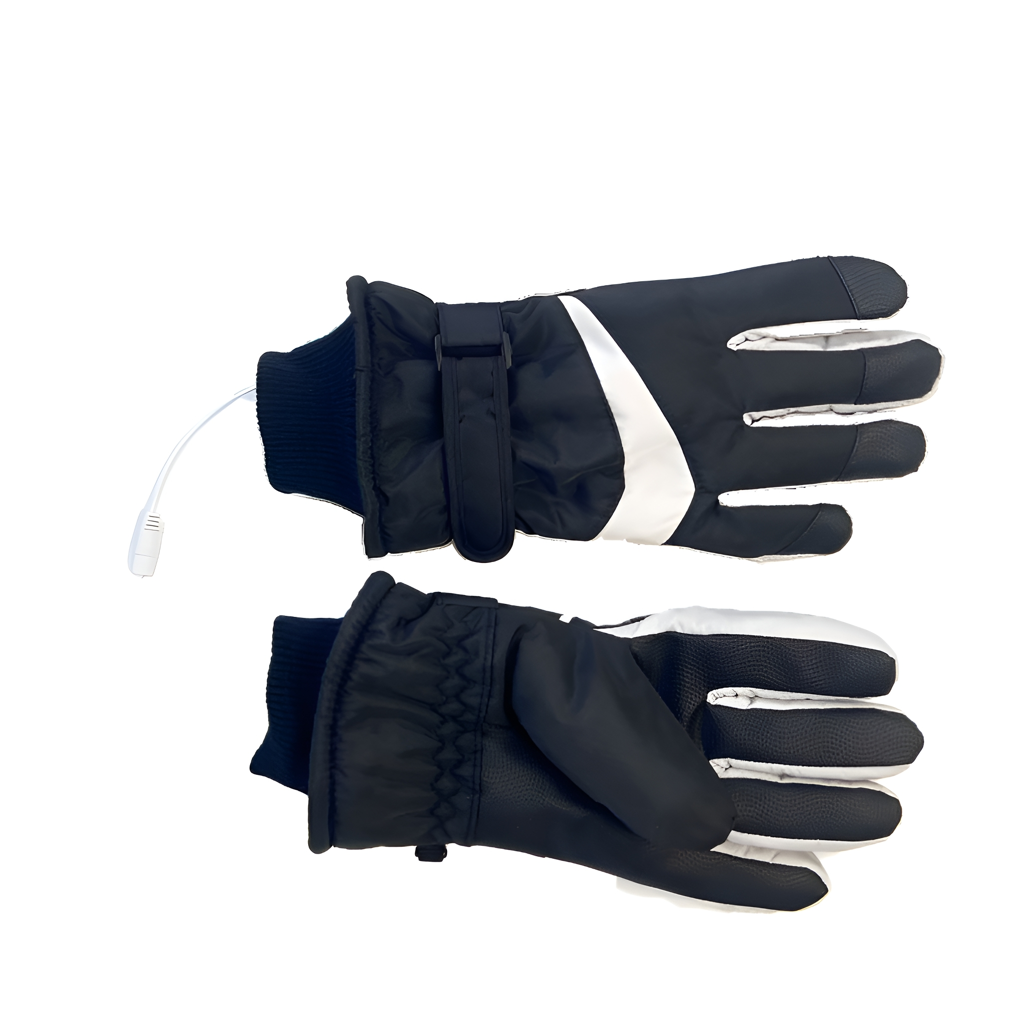 Schwarz-weiße beheizte Handschuhe. Ein weißes Kabel ist an einem Handschuh befestigt.