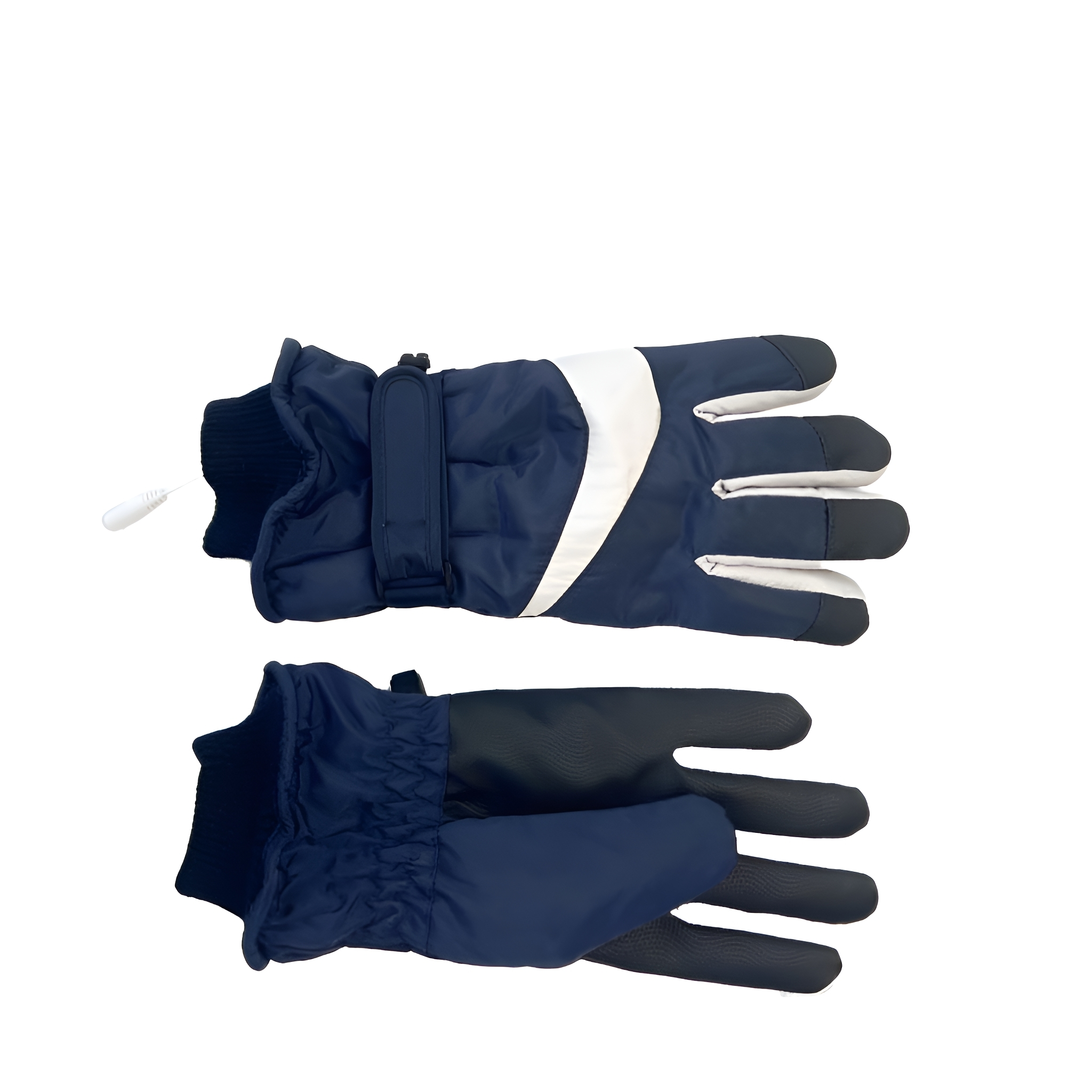 Ein Paar blau-schwarze Winterhandschuhe mit weißem Streifen, liegend auf weißem Untergrund.