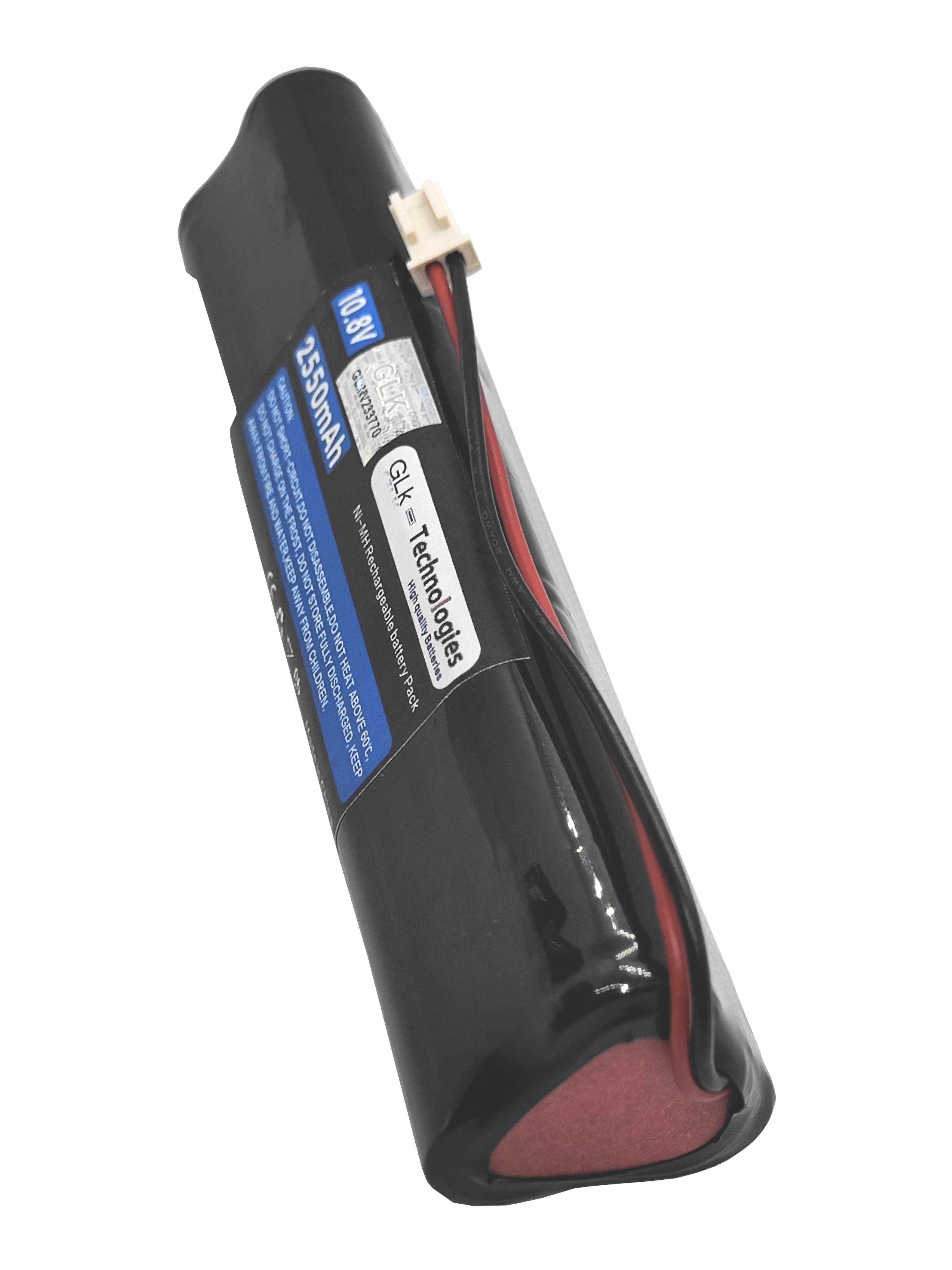 Schwarzes Akkupack mit weißem Stecker und Etikett. Enthält 2550 mAh und 10,8 V.