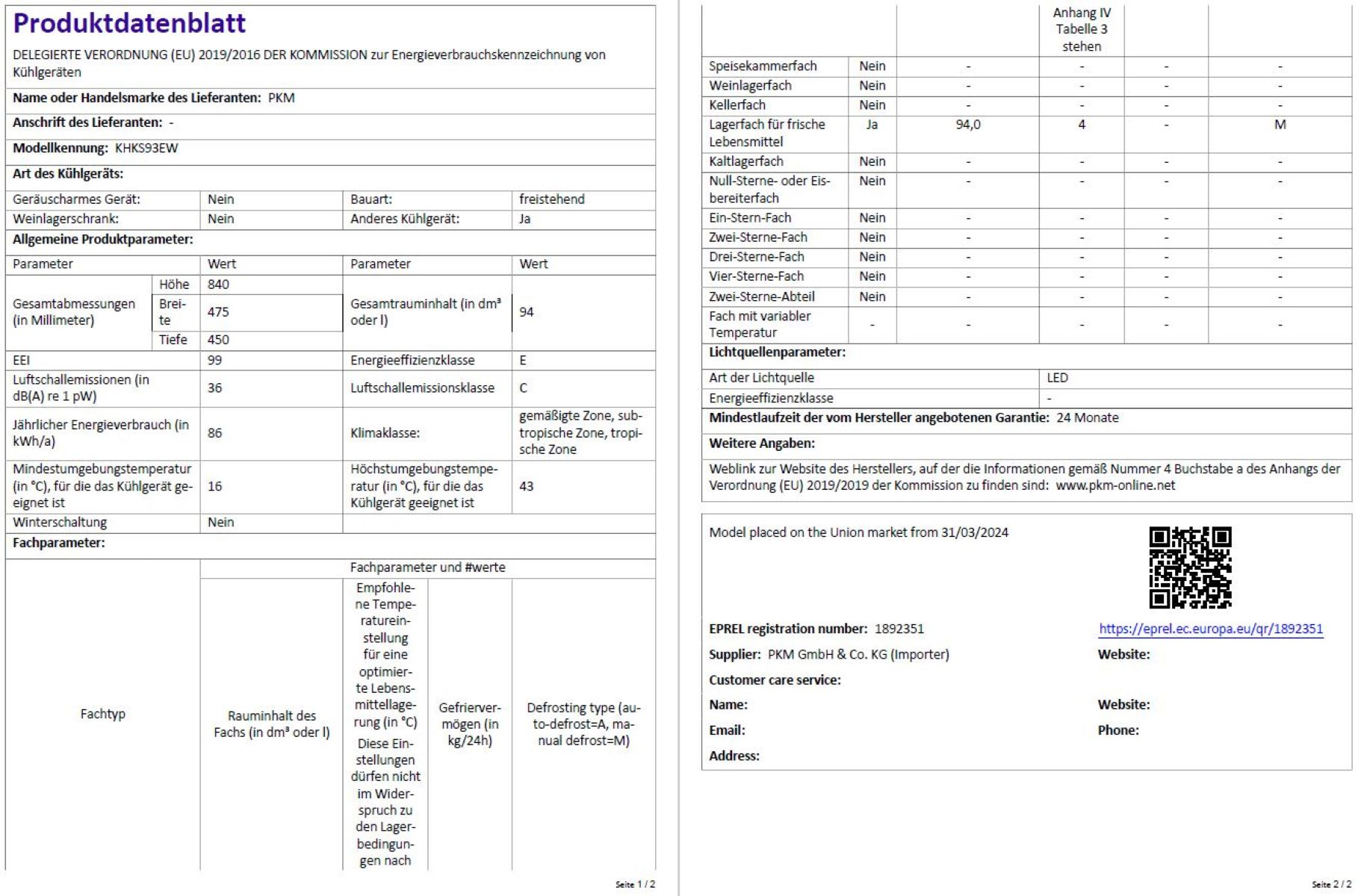 Ein Produktdatenblatt mit weißem Hintergrund und schwarzem Text.