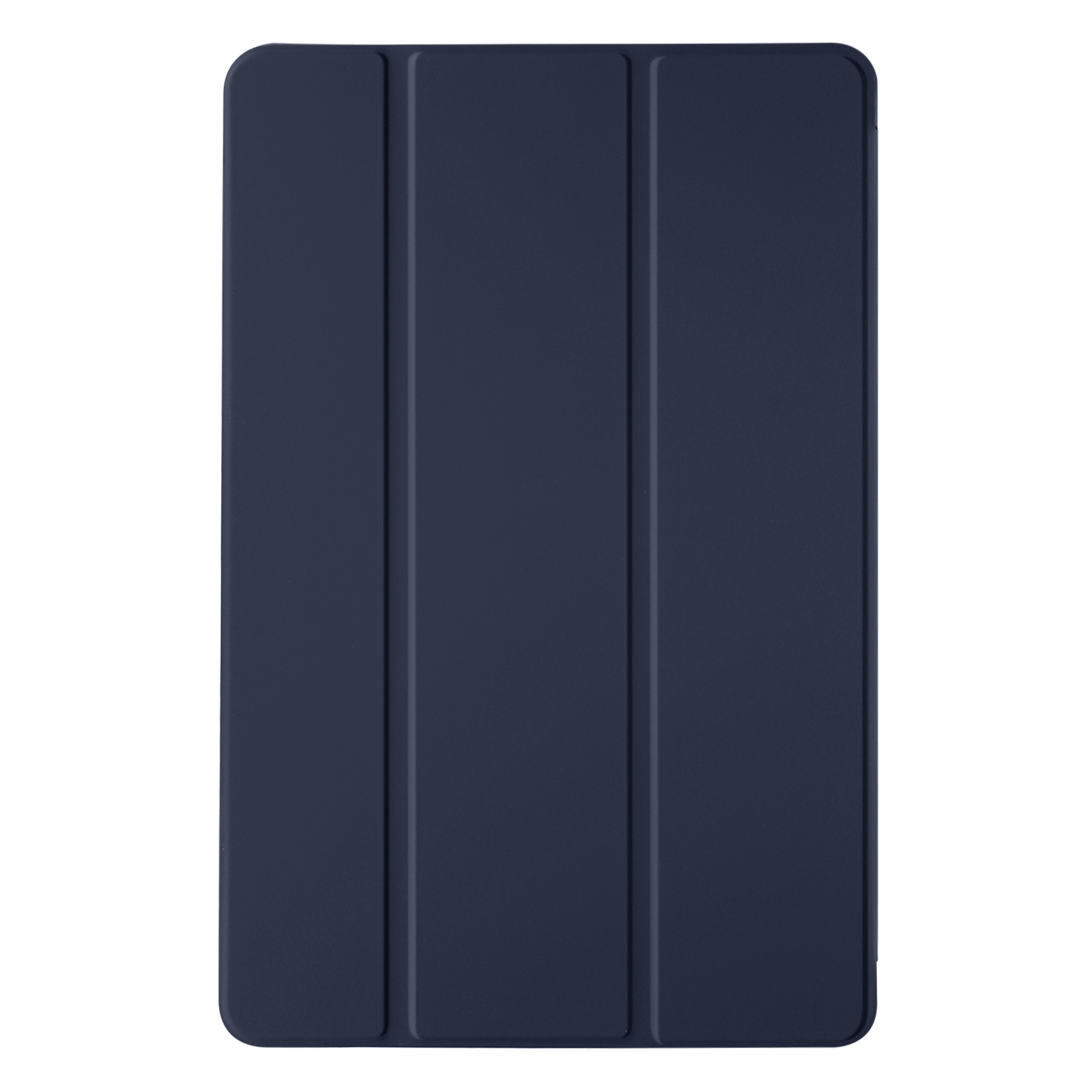 Una cover per tablet blu scuro, chiusa, con un design semplice e liscio. La cover è piatta.