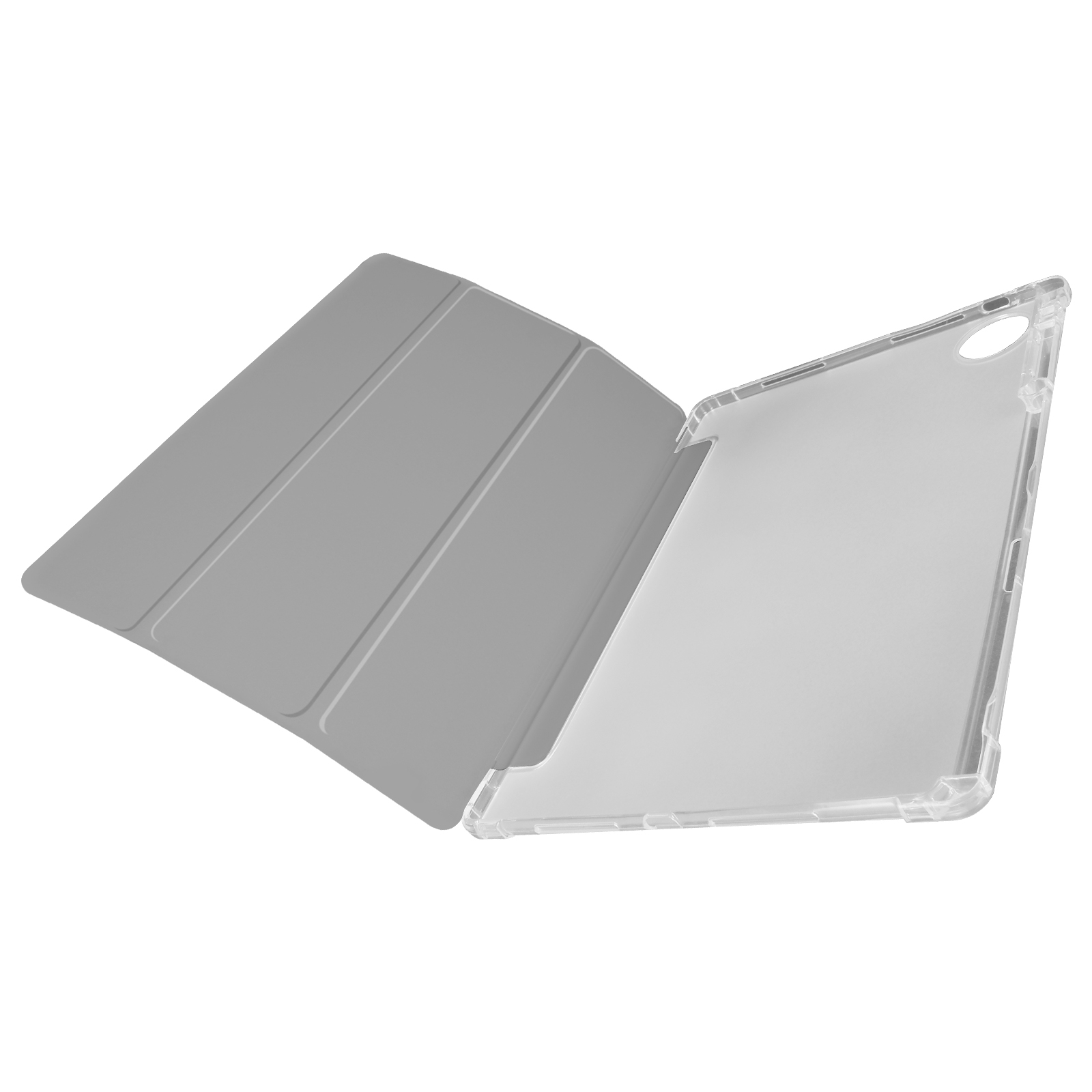 Custodia trasparente per tablet con coperchio piegato. La custodia è parzialmente aperta.