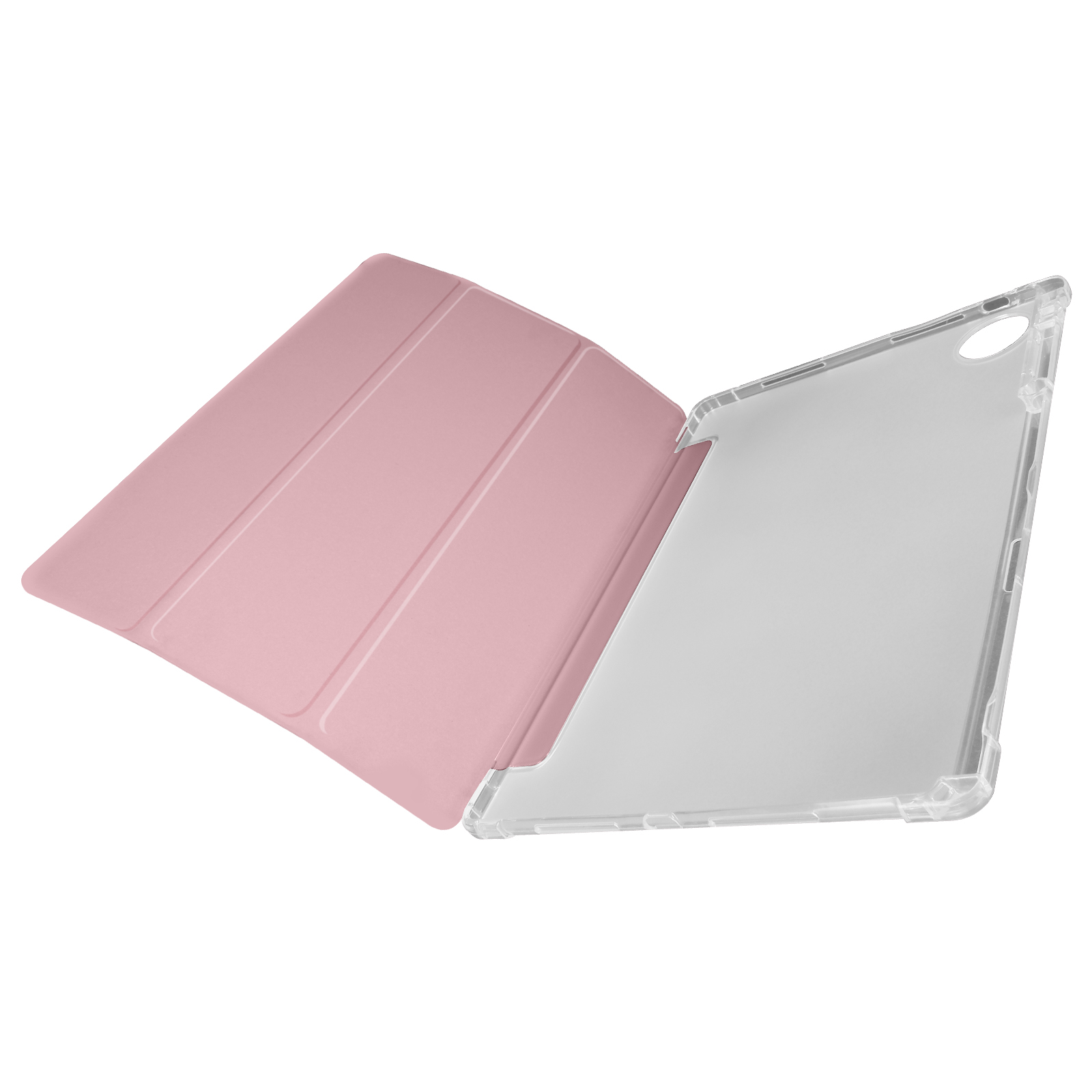 Custodia per tablet, frontale rosa e retro trasparente, aperta, su una superficie bianca.