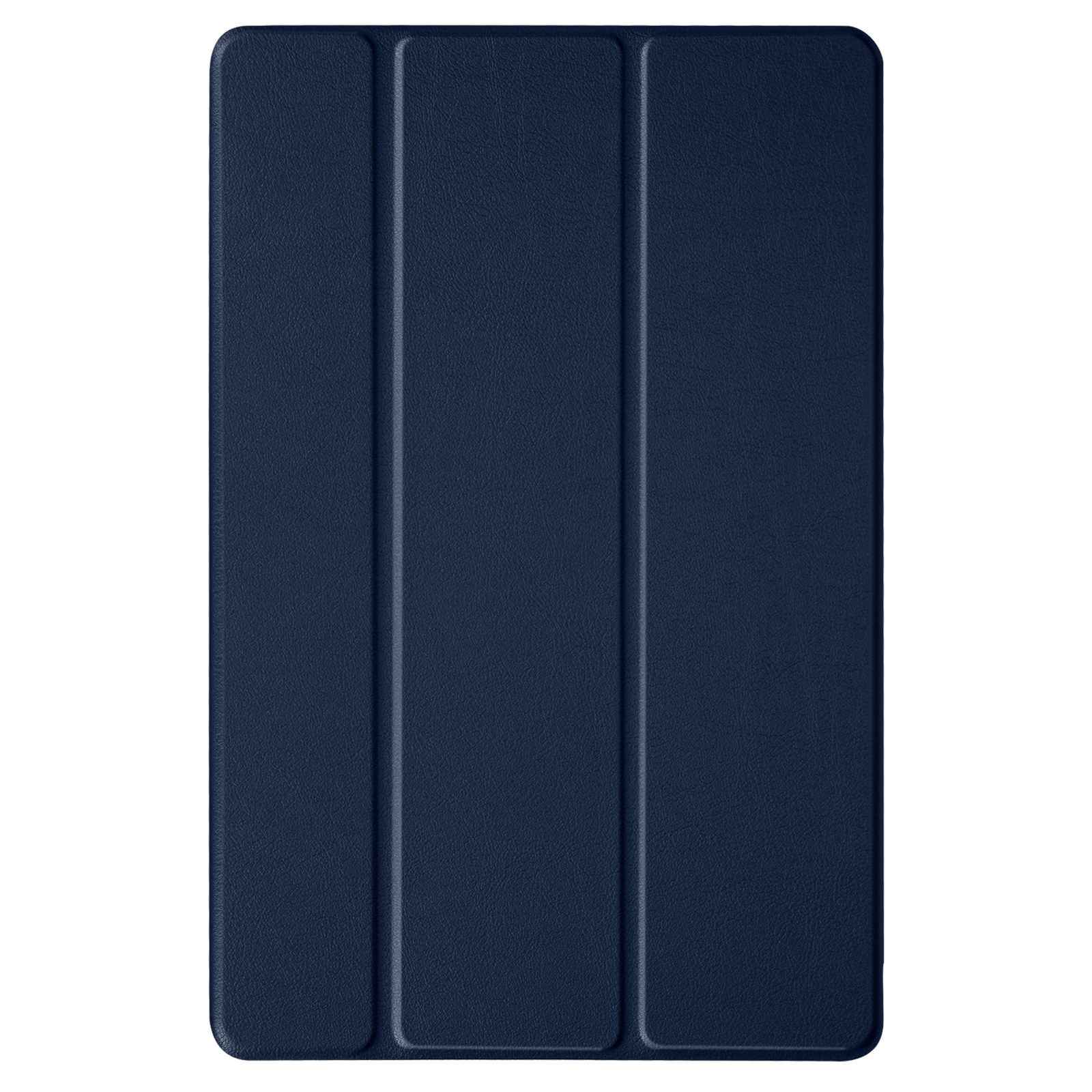 Custodia per tablet blu scuro. La custodia ha tre pieghe visibili sulla parte anteriore.