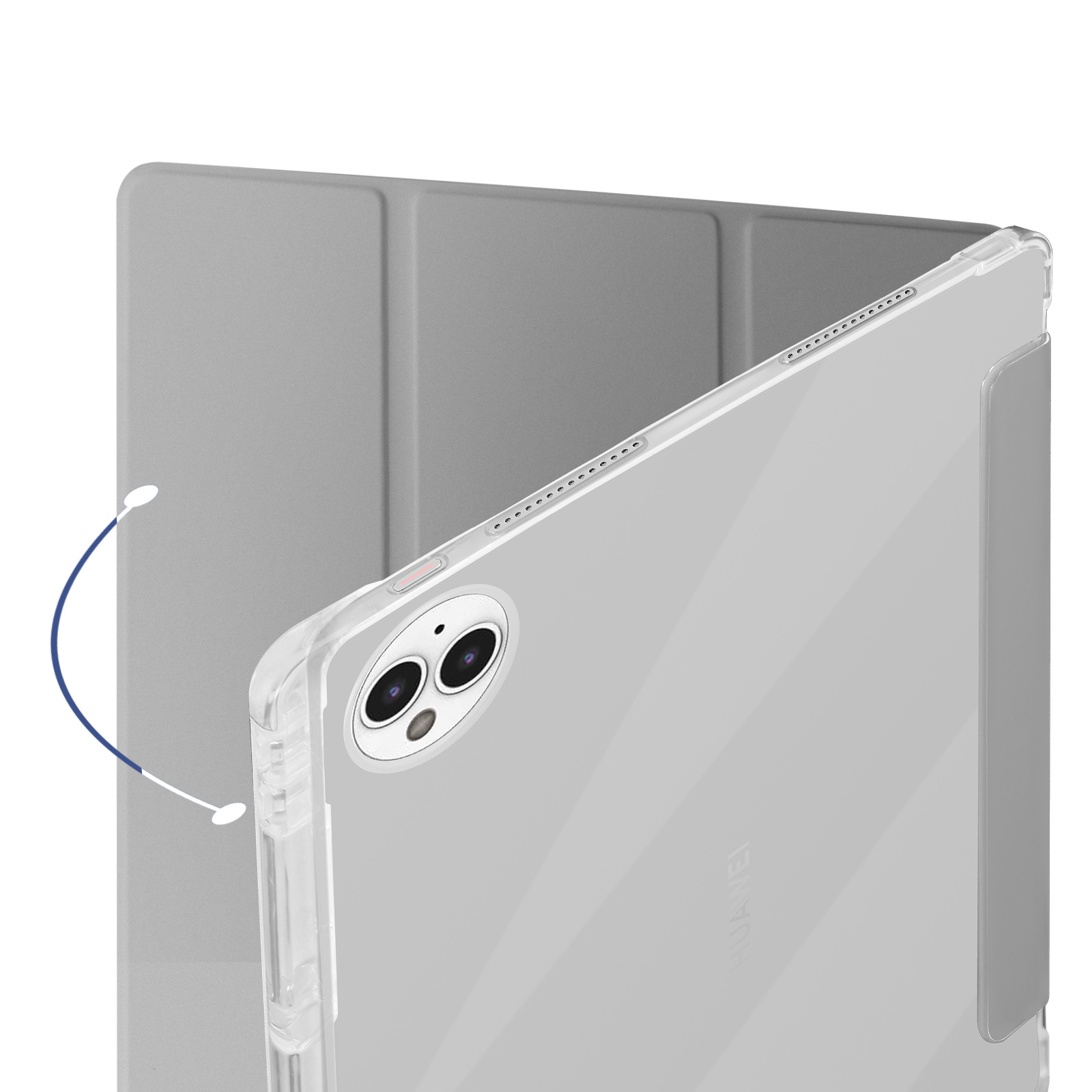 Tablet con custodia trasparente, parzialmente aperto, su sfondo bianco.