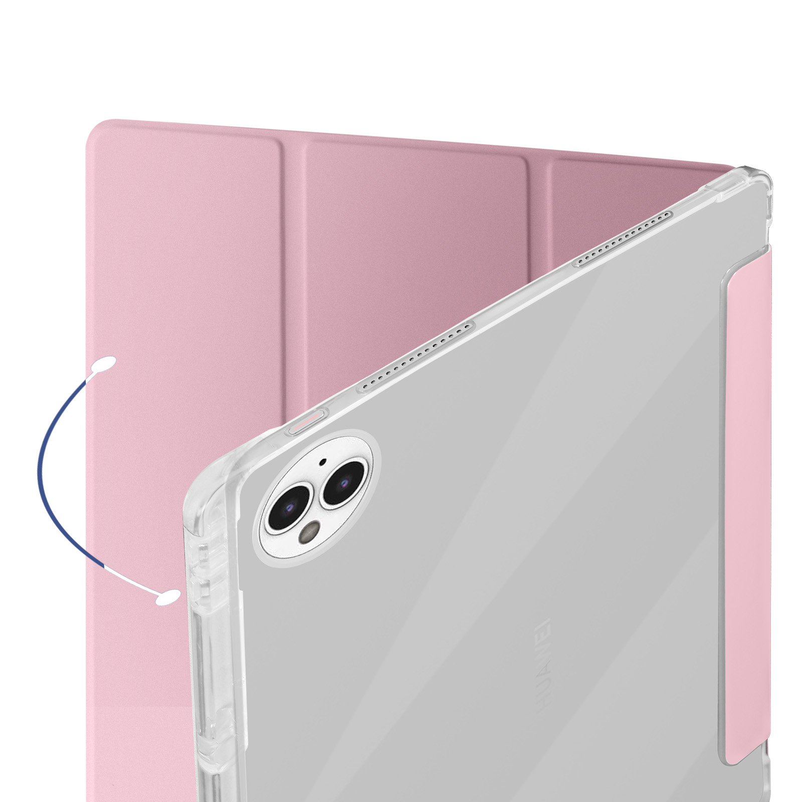 Un tablet in una custodia rosa, con la fotocamera visibile. La custodia ha una cornice in plastica trasparente. Copertina rosa.