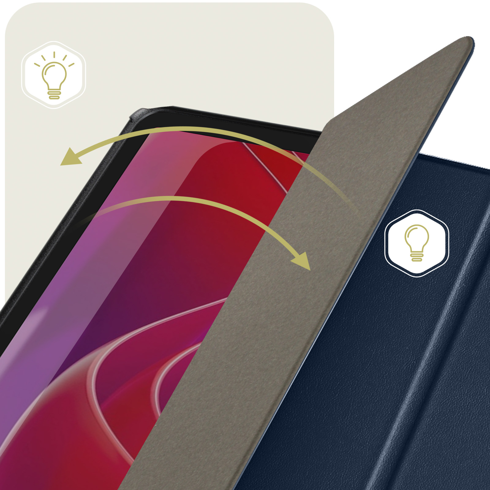 Una custodia per tablet con una cover anteriore grigia che si apre per rivelare uno schermo rosso.