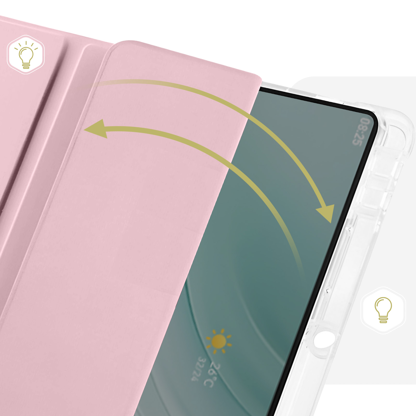 Una custodia rosa per telefono con display. La custodia è aperta con frecce che la indicano.
