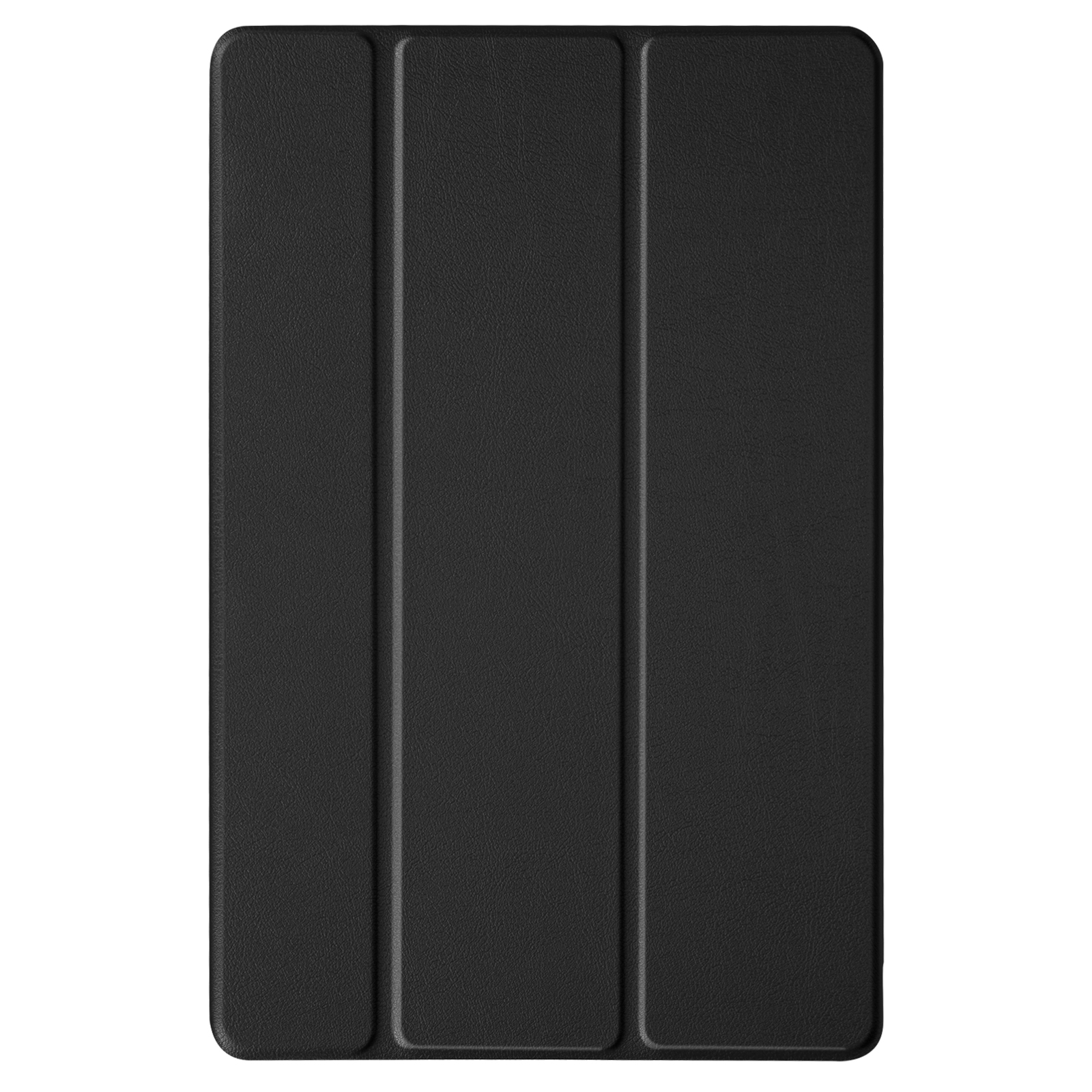 Una cover per tablet nera, chiusa, su sfondo bianco.