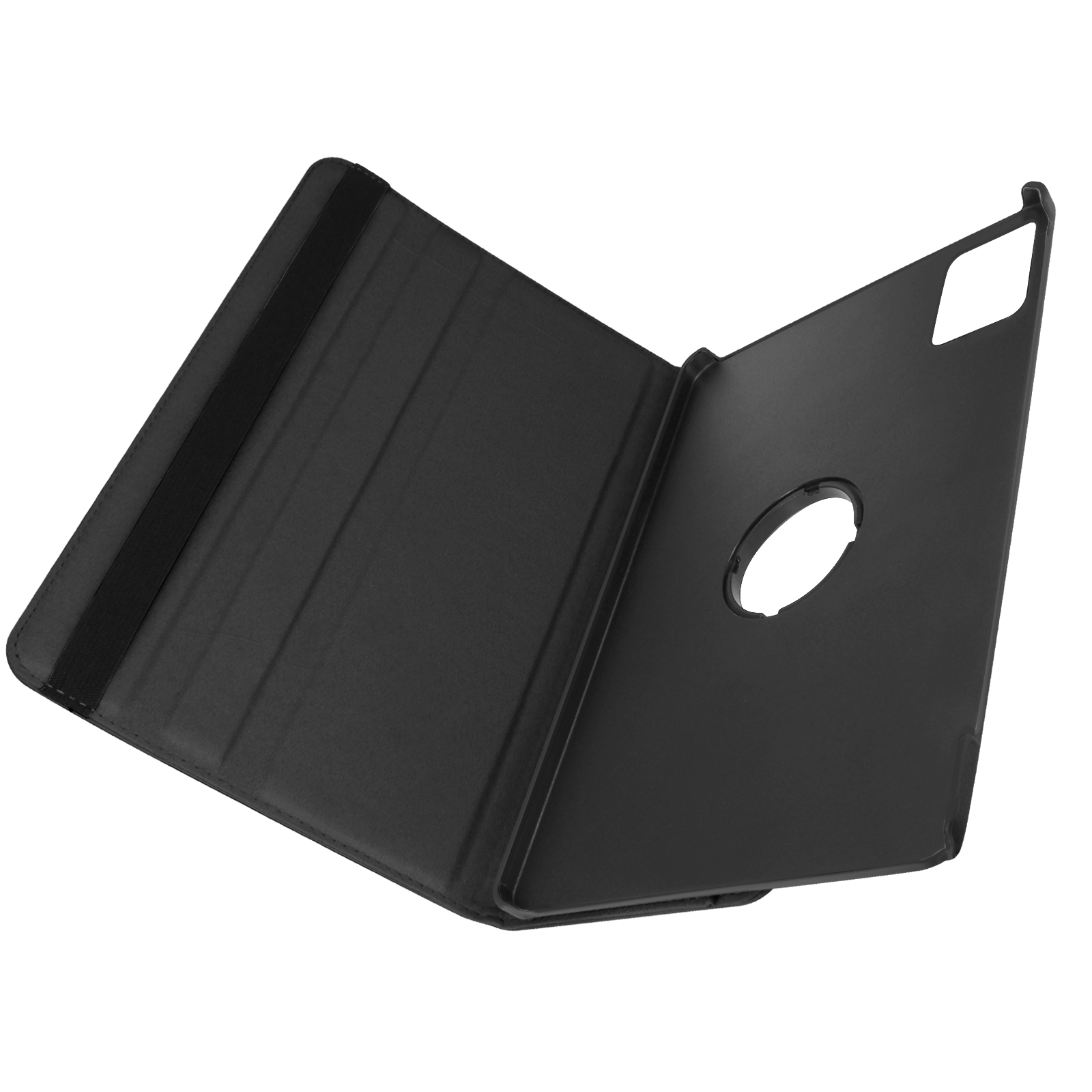 Una custodia per tablet nera è aperta, mostrando l'interno e un ritaglio.
