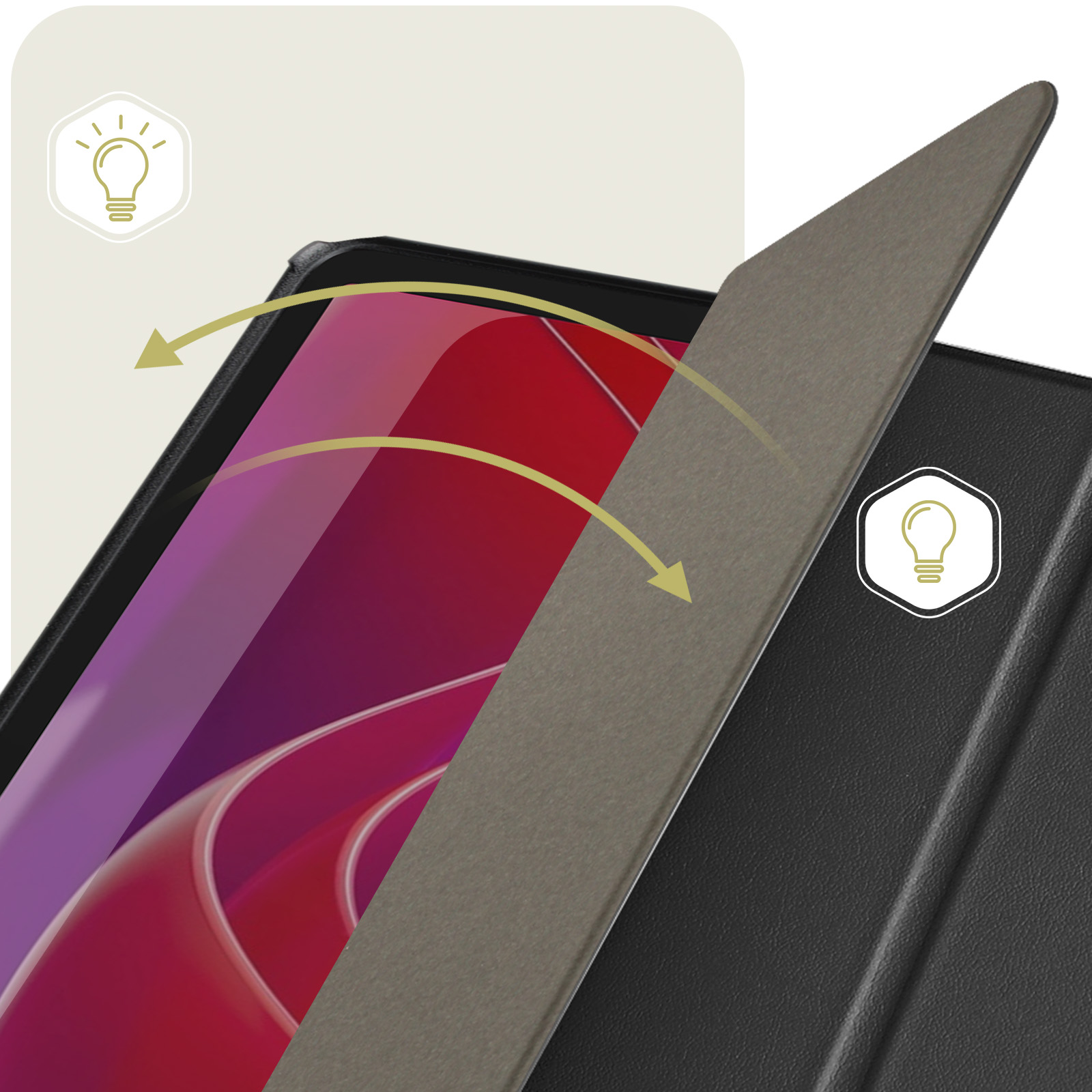 Tablet con la cover parzialmente aperta, rivelando lo schermo. Frecce gialle indicano l'apertura.